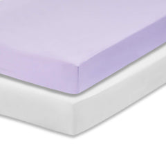 Everyday Kids 2-pack fitted crib sheets folded in white and lavender for easy styling