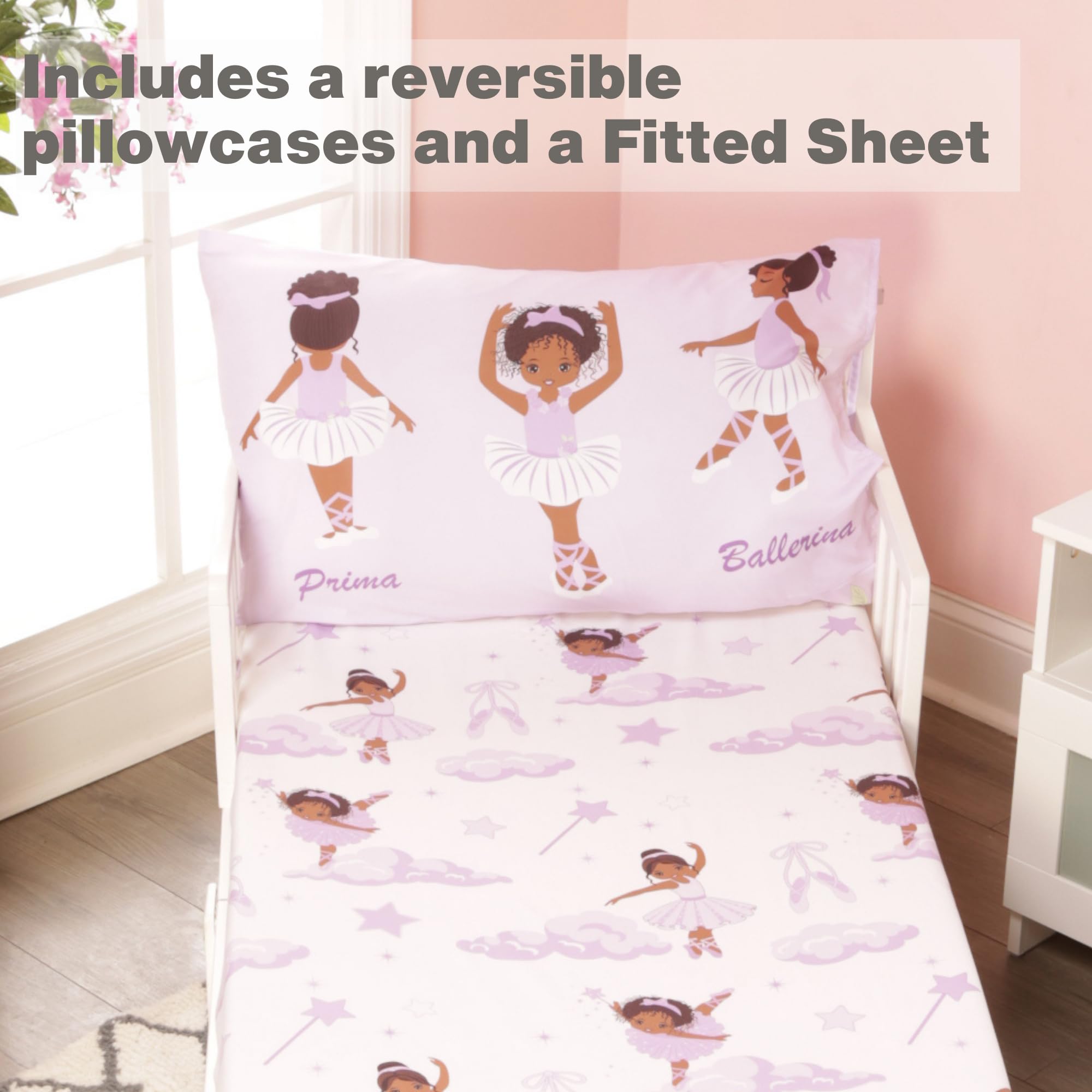 Brand packaging of EVERYDAY KIDS African American Ballerina Toddler Sheets Set showing family-owned identity