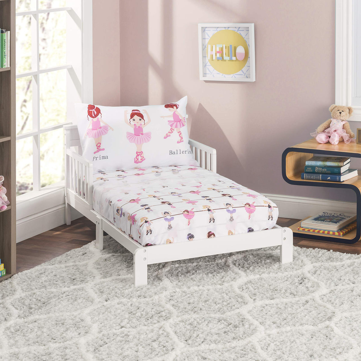 Everyday Kids ballerina sheets set on a toddler bed creates a welcoming, cozy transition.