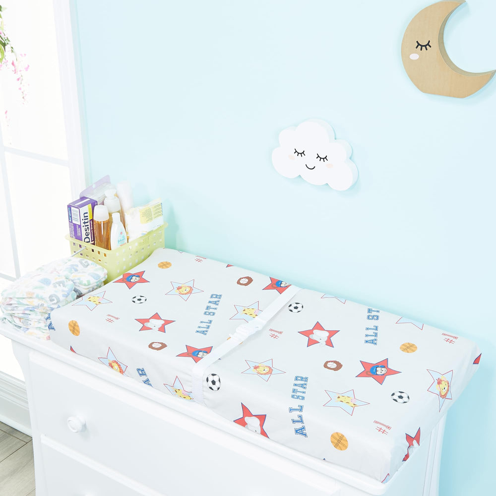 EVERYDAY KIDS changing pad cover jungle animal print tigers brings lively zoo vibes to changes.