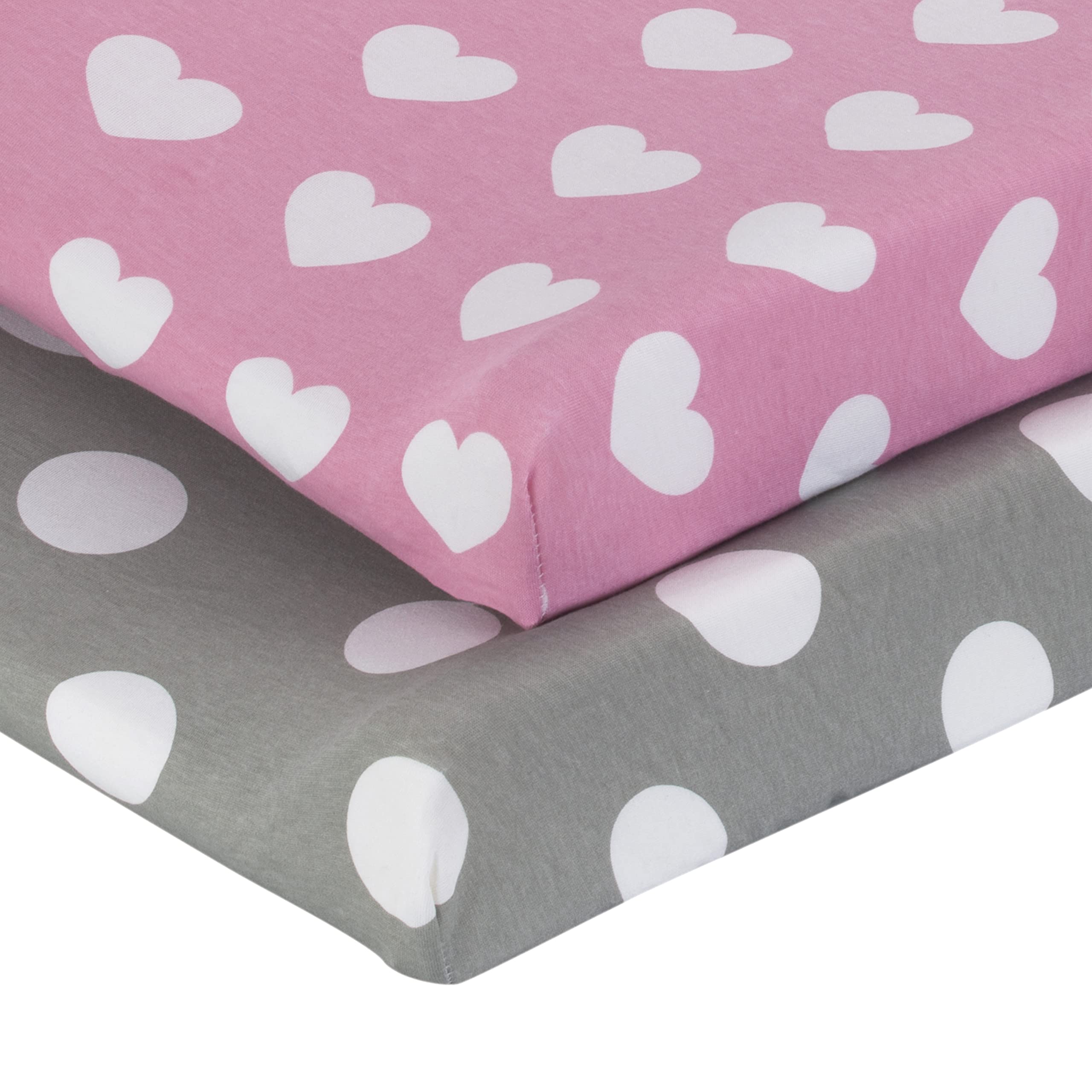 EVERYDAY KIDS changing pad cover pink hearts closeup highlights cozy, gentle-touch material