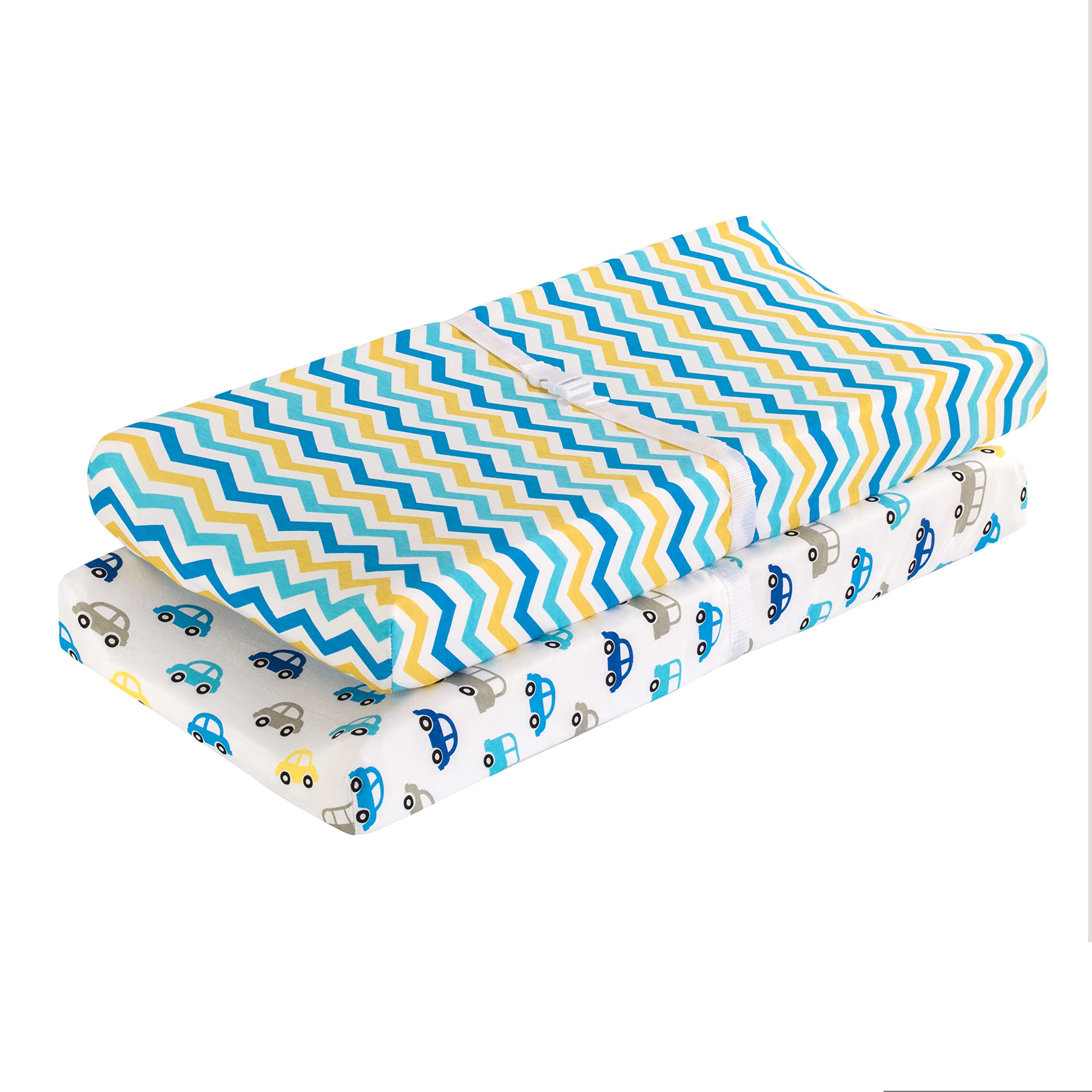 EVERYDAY KIDS changing pad cover yellow blue cars highlights breathable, soft-jersey knit comfort for baby diaper changes.