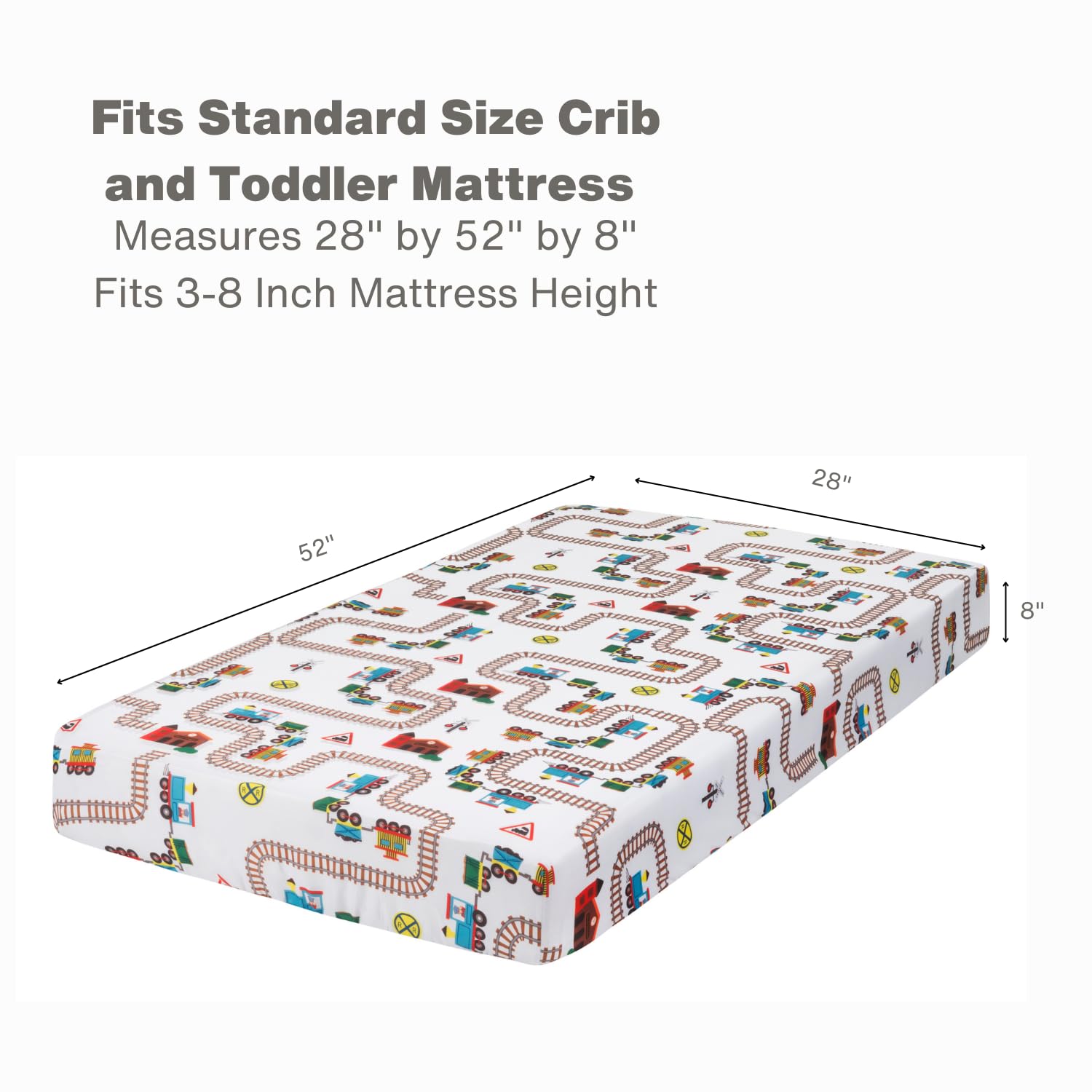 Everyday Kids choo choo train crib sheet on bed demonstrates easy-care setup.