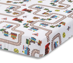 Everyday Kids choo choo train crib sheet folded shows soft microfiber for nap-ready comfort.