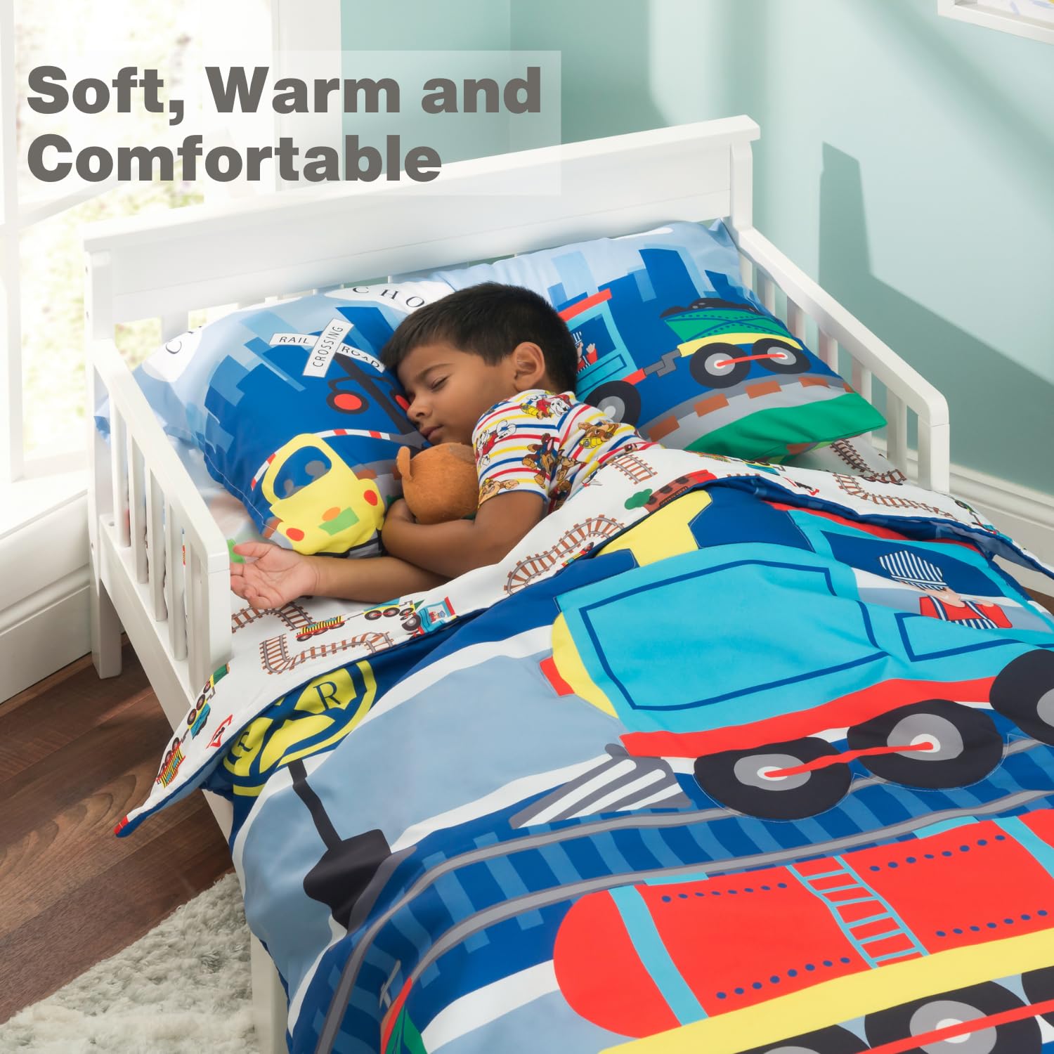 EVERYDAY KIDS Choo Choo Train fitted sheet features an 8-inch pocket for snug fit