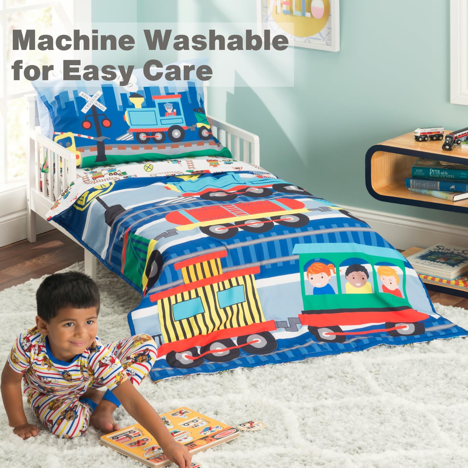 EVERYDAY KIDS Choo Choo Train flat sheet demonstrates gentle breathable fabric for comfort