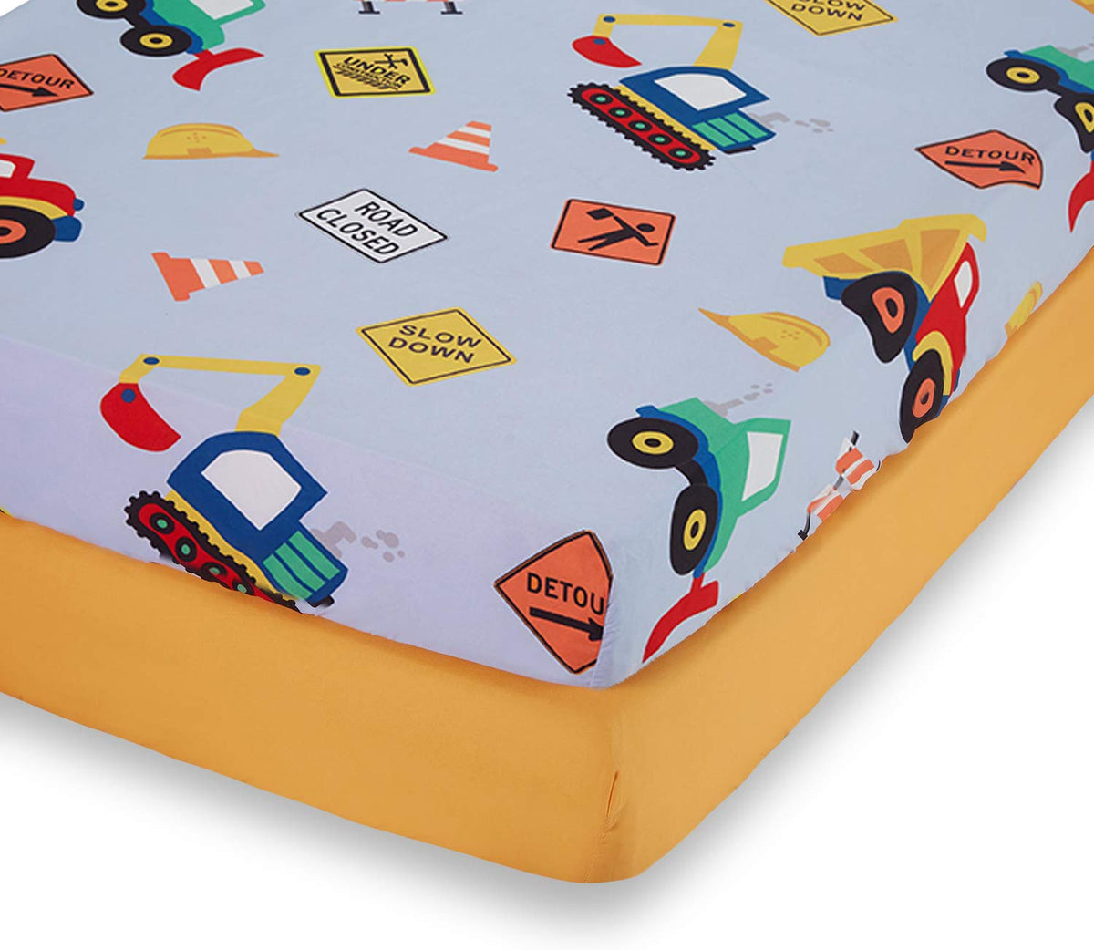 Everyday Kids construction-gold crib sheet 01 with secure elastic fit for safe crib use.