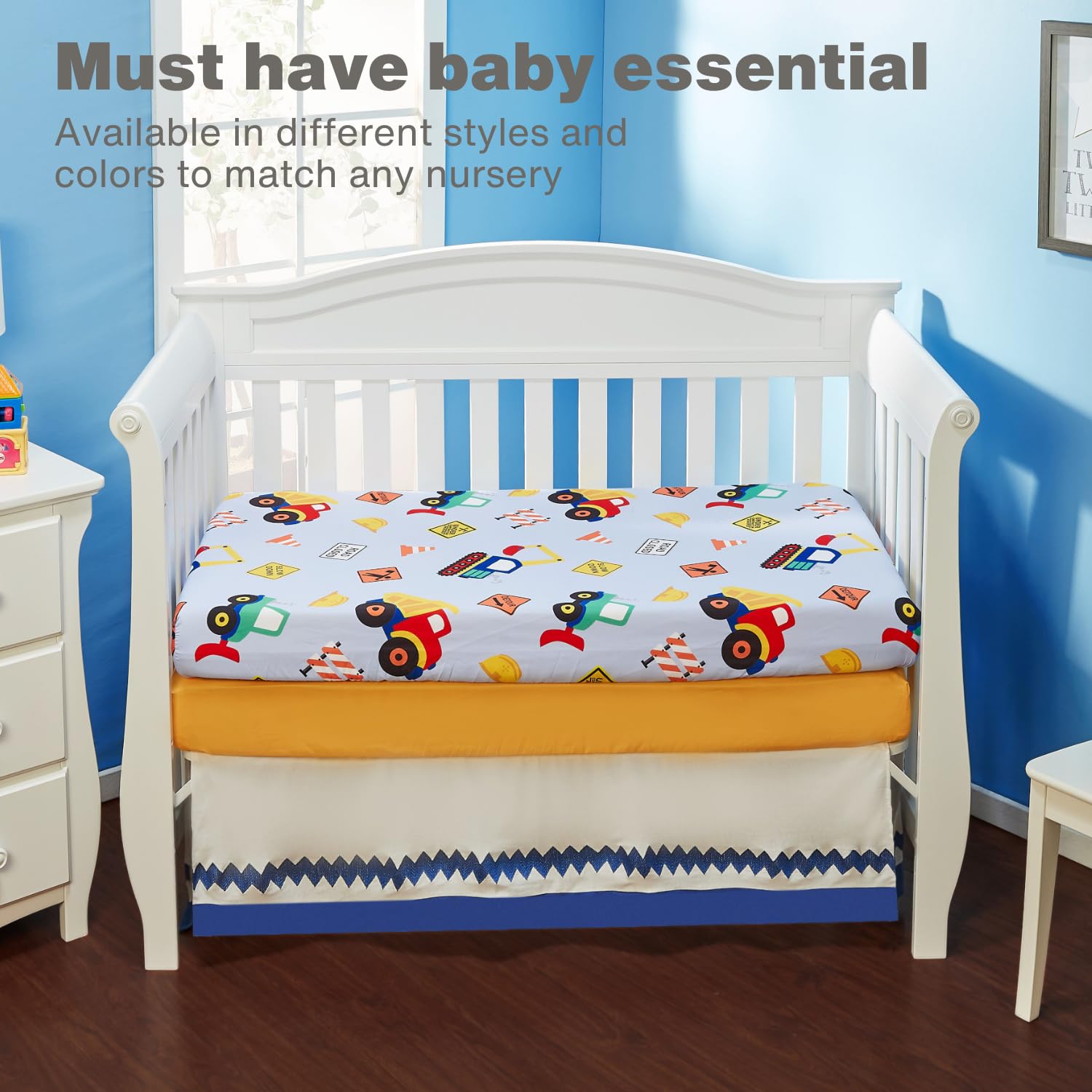 Everyday Kids construction-gold crib sheet 02 shows fade-resistant microfiber for lasting color.