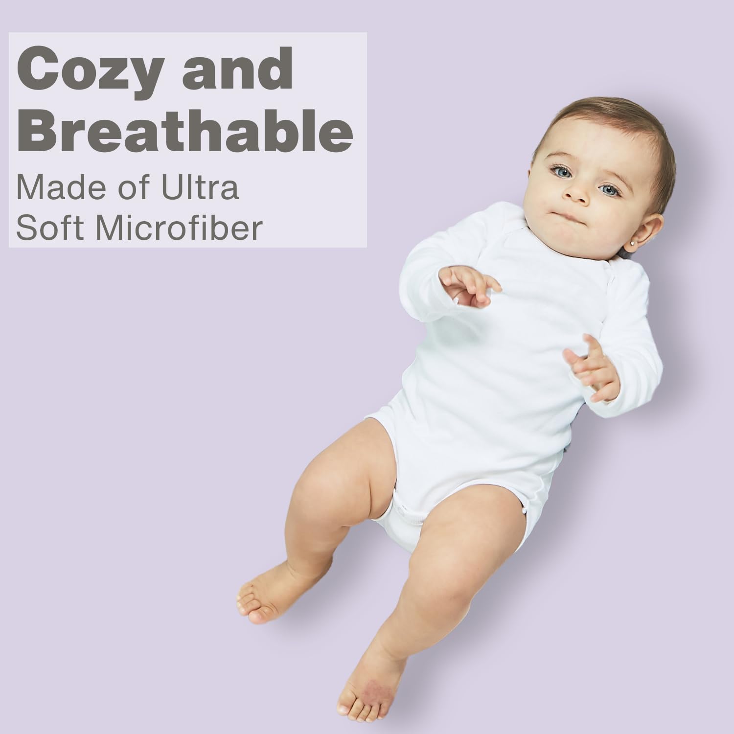 Everyday Kids crib sheets in lavender and white on a nursery shelf
