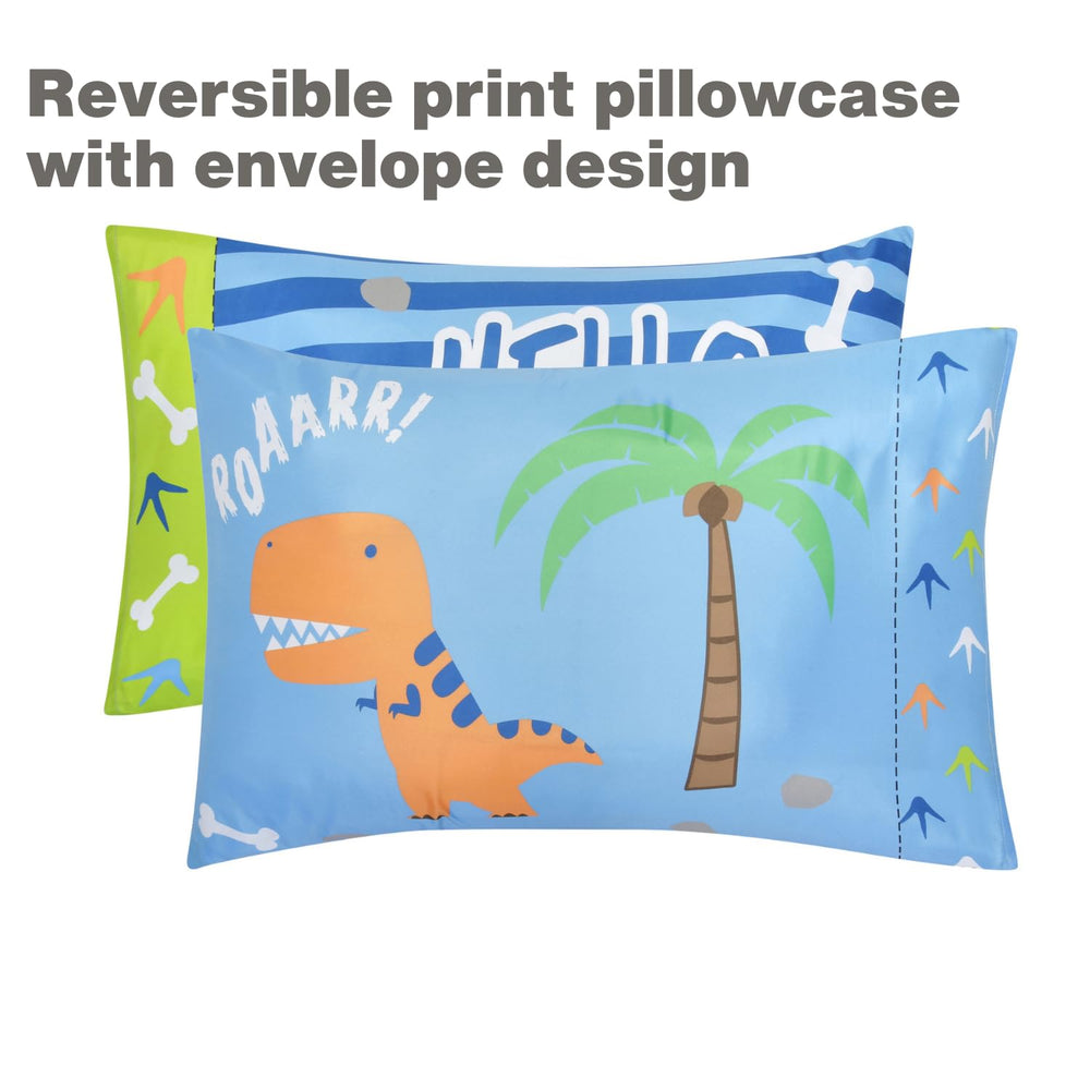 EVERYDAY KIDS roaring dinosaurs fabric closeup shows soft, breathable microfiber.