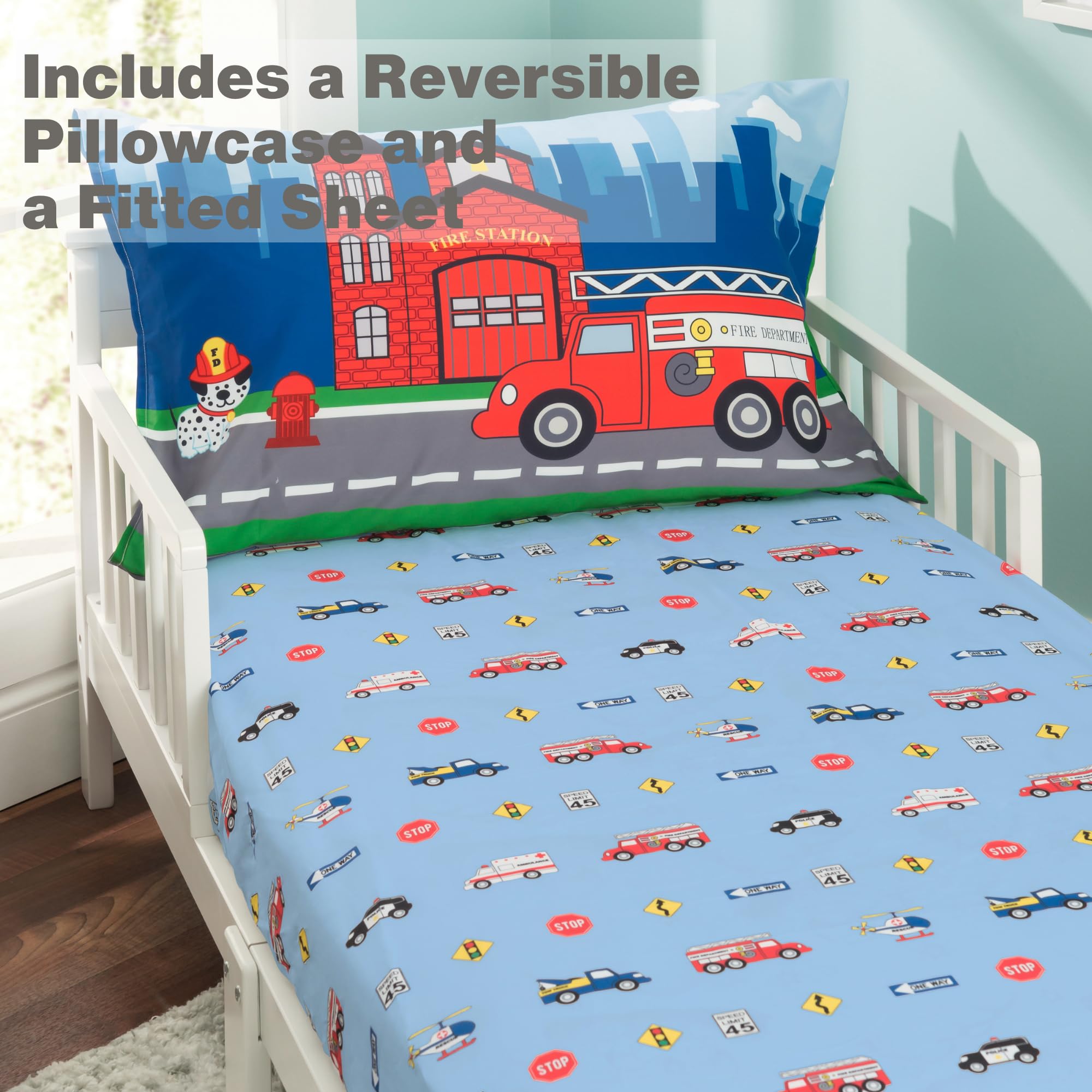 Everyday Kids Fire Police Rescue color options in a playful bedroom setup