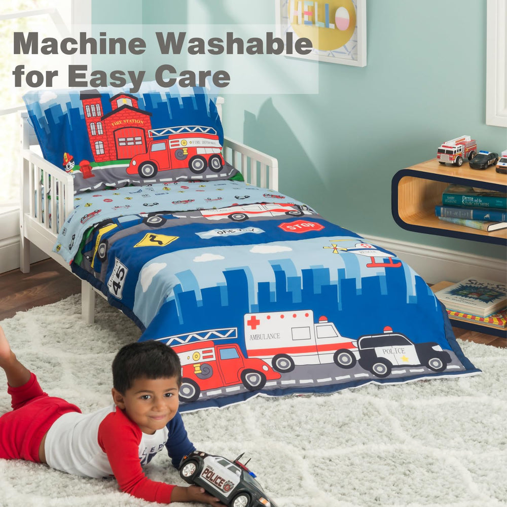 Everyday Kids fire-police-rescue comforter bed setup with bold colors