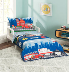 Everyday Kids fire-police-rescue comforter closeup shows soft microfiber for cozy bedtime