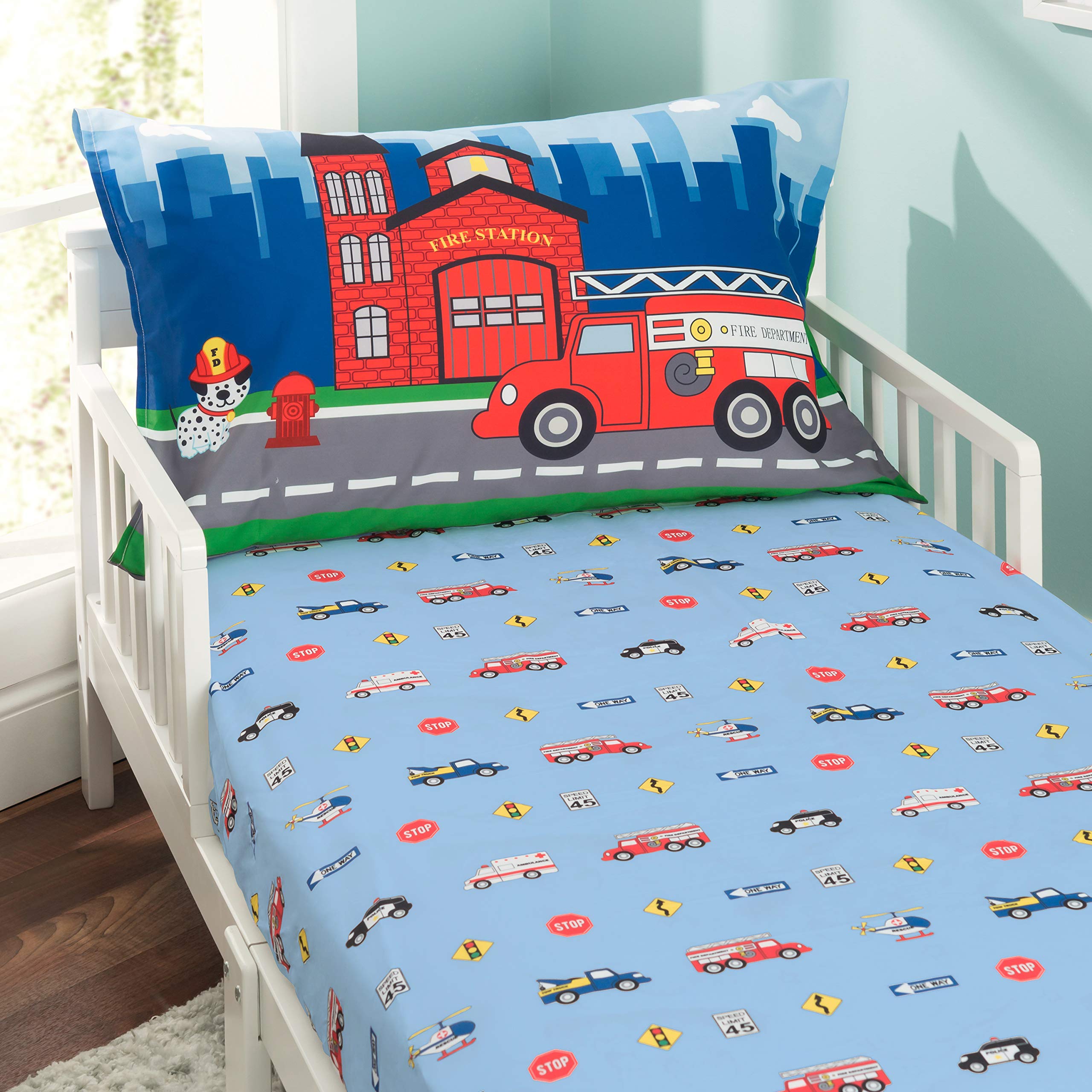 Everyday Kids Fire Police Rescue fitted sheet on toddler bed for secure fit
