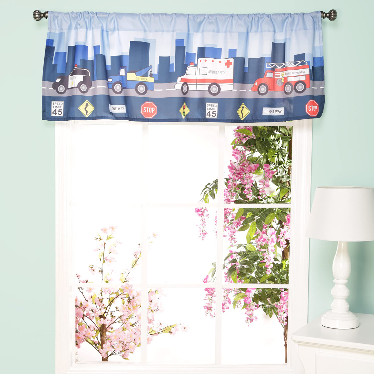 EVERYDAY KIDS first responder valance with firetruck brightens a toddler room and fuels imaginative play.