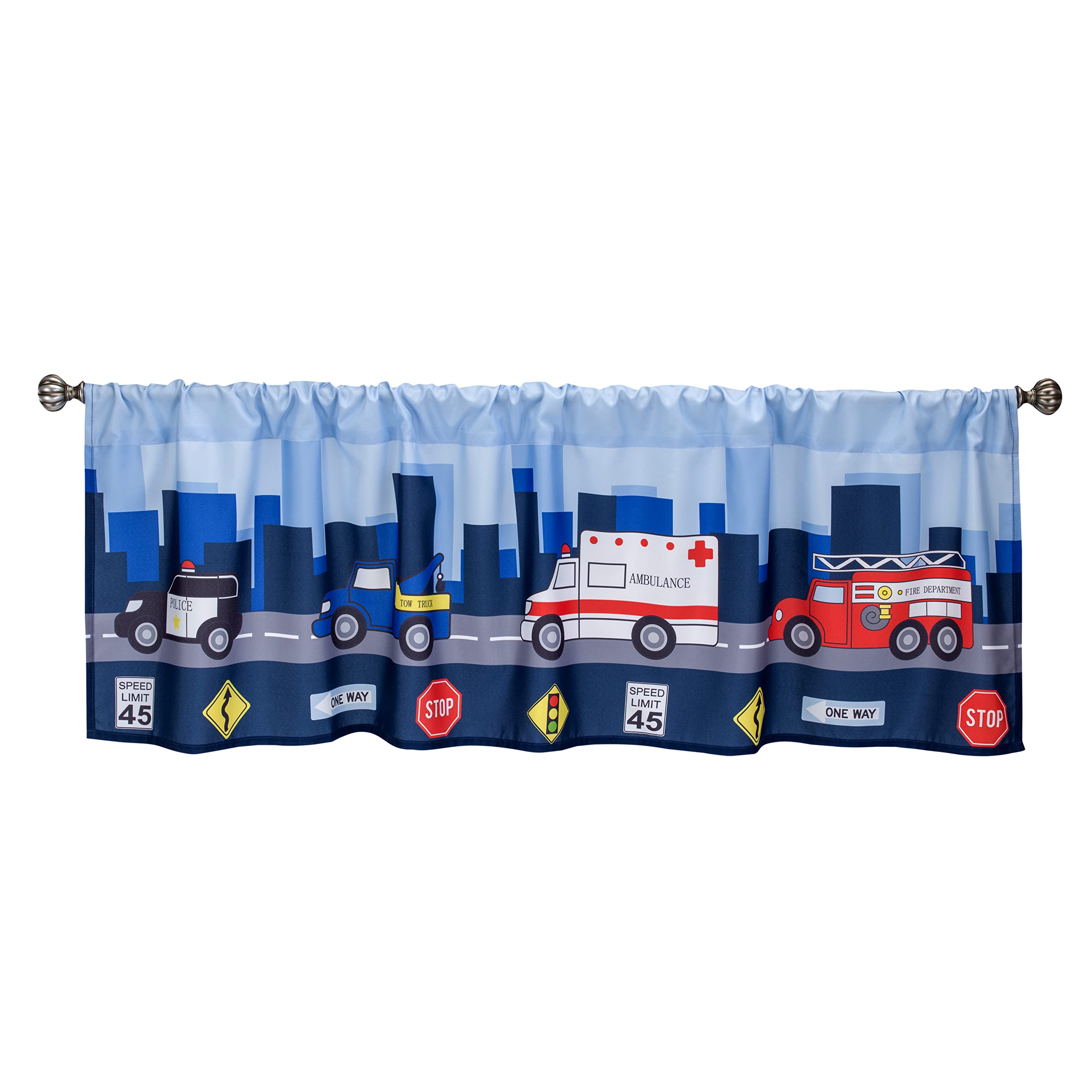EVERYDAY KIDS first responder valance featuring police car adds bold color to playroom and storytelling moments.