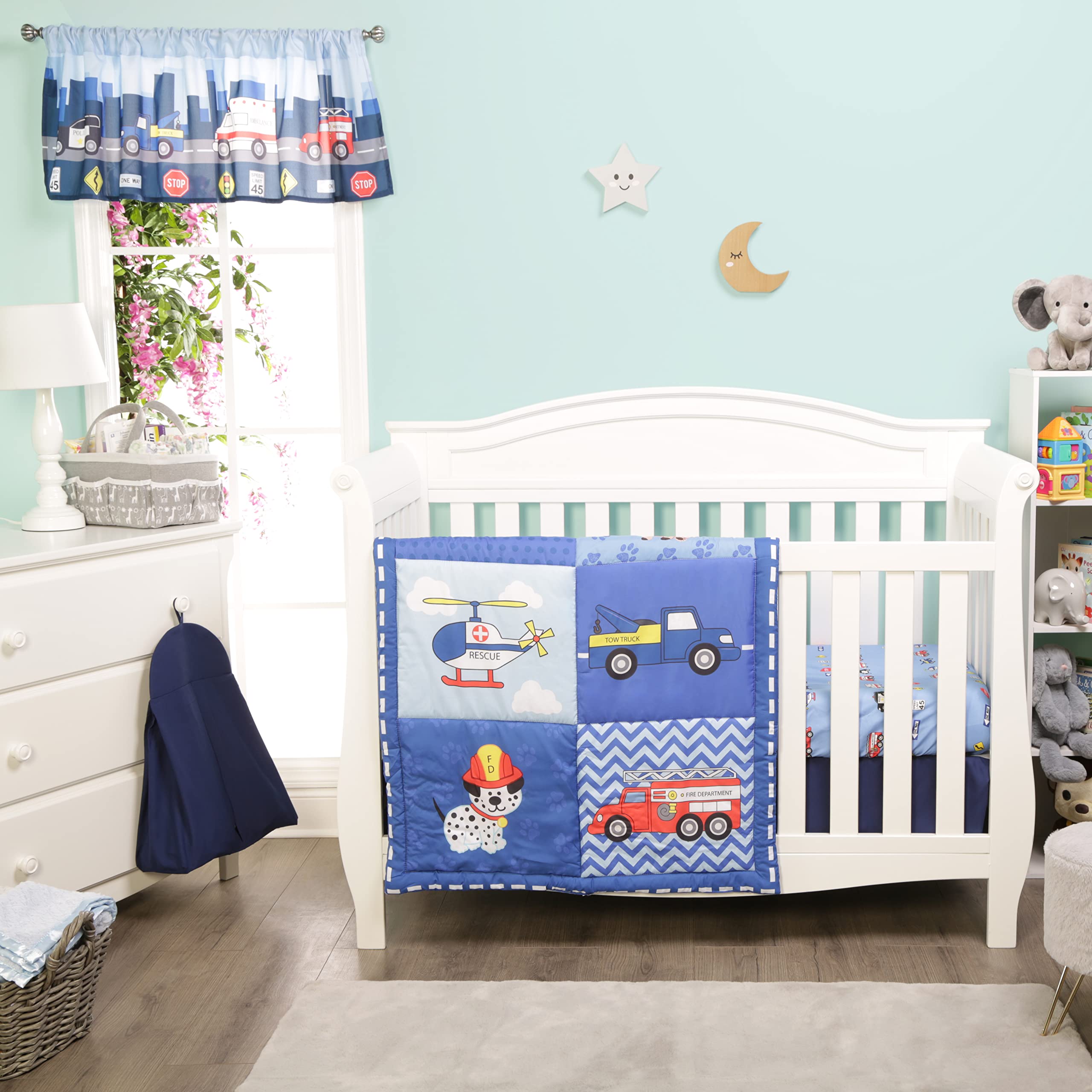 EVERYDAY KIDS valance print detail showcases hero vehicles for dream-filled mornings.