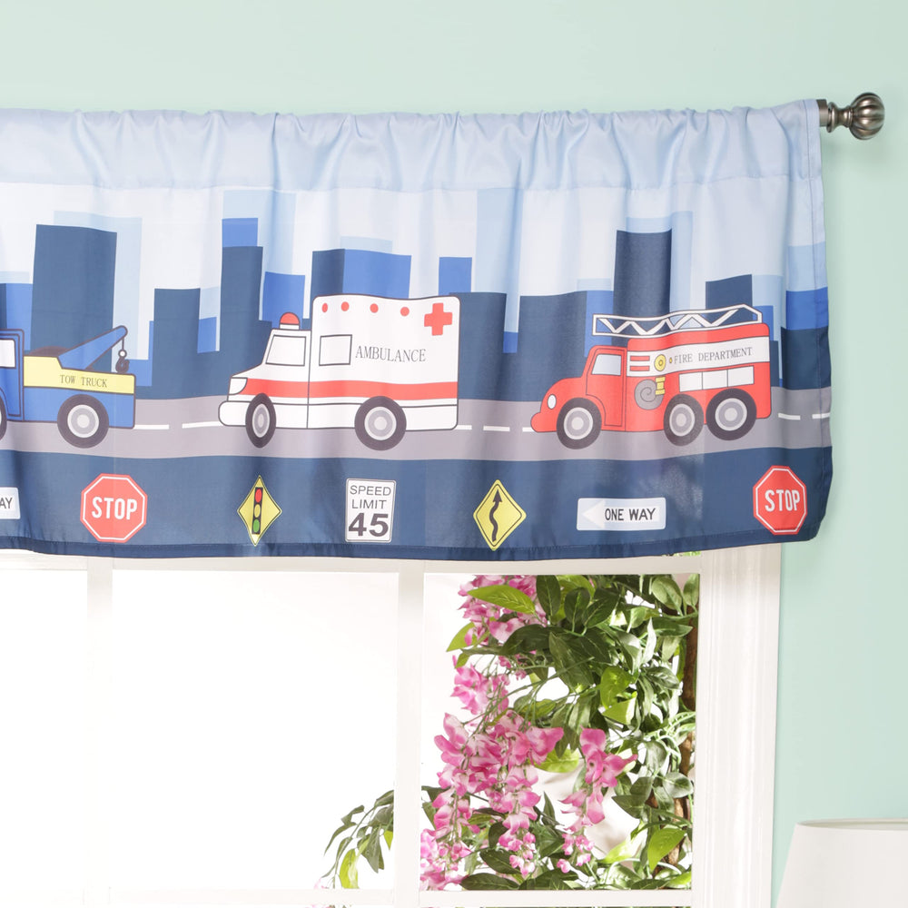 EVERYDAY KIDS first responder valance with tow truck enhances hero-themed room and curious playtime.