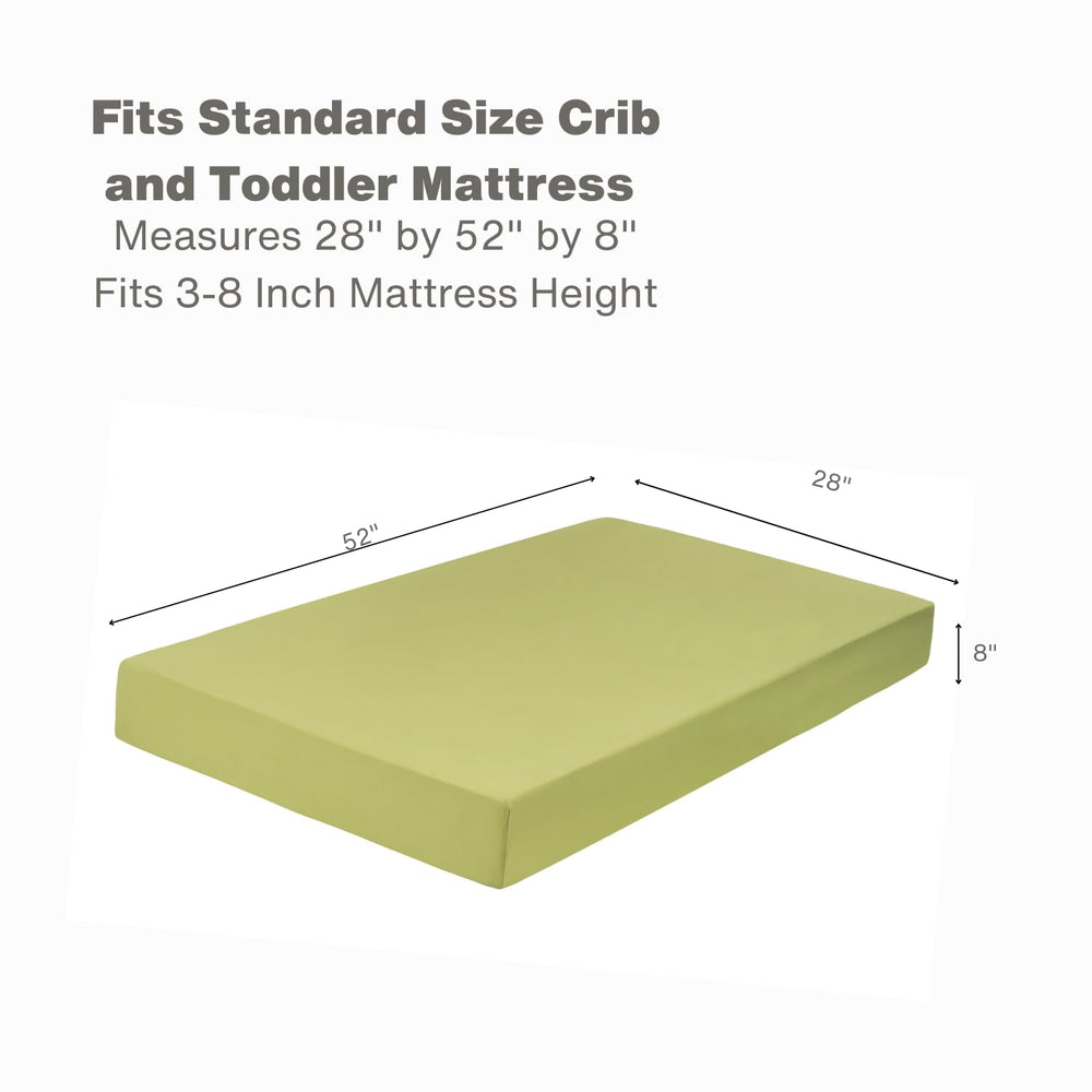 Everyday Kids green crib sheet on mattress demonstrates safe fit and breathable microfiber fabric.