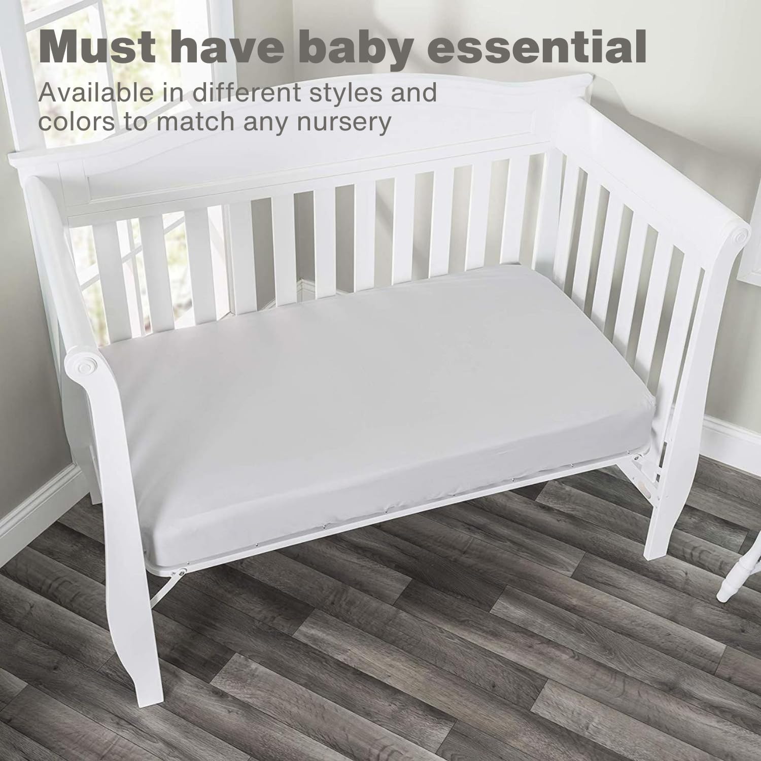 Everyday Kids fitted crib sheets with full elastic trim for secure mattress fit.