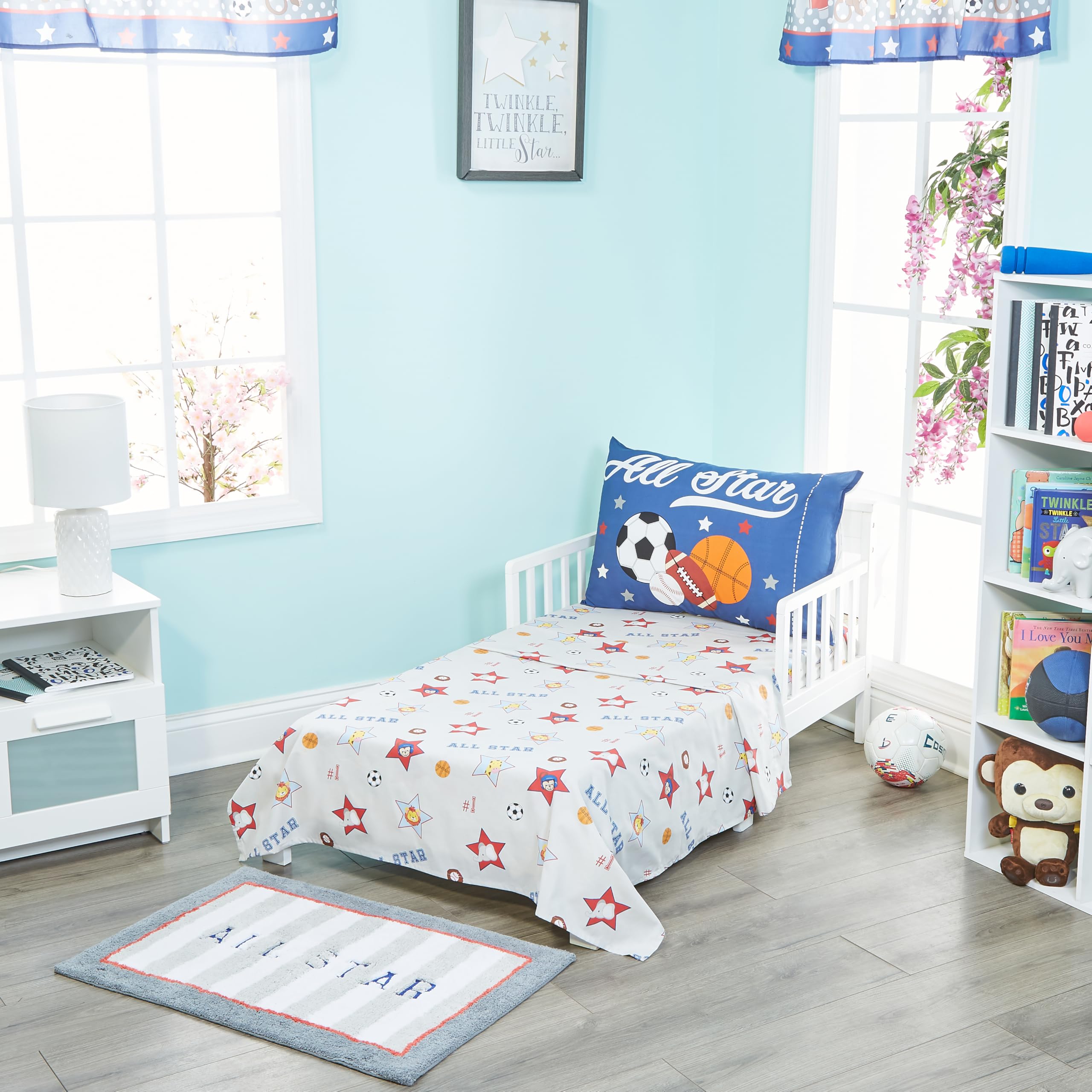 EVERYDAY KIDS Jungle Sports fitted sheet secures a snug eight inch pocket.