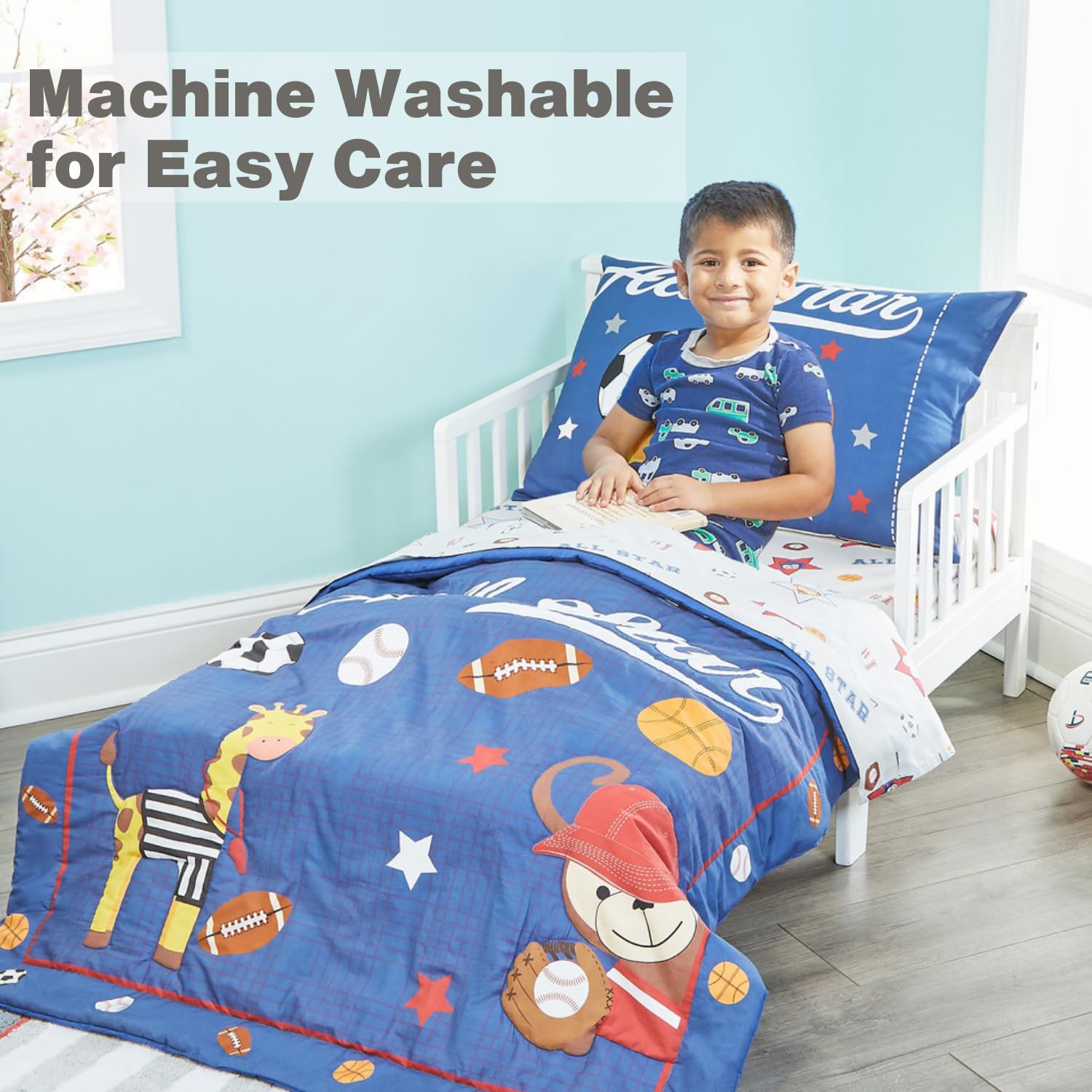 EVERYDAY KIDS Jungle Sports flat sheet highlights breathable cotton percale.