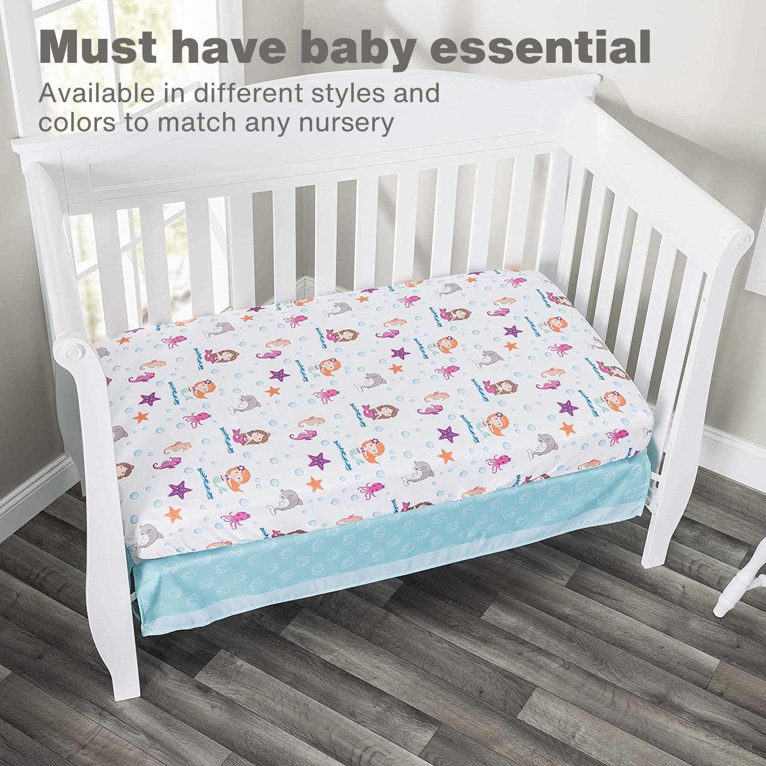Everyday Kids Mermaid Aqua fitted sheet elastic edge demonstrates secure fit detail.