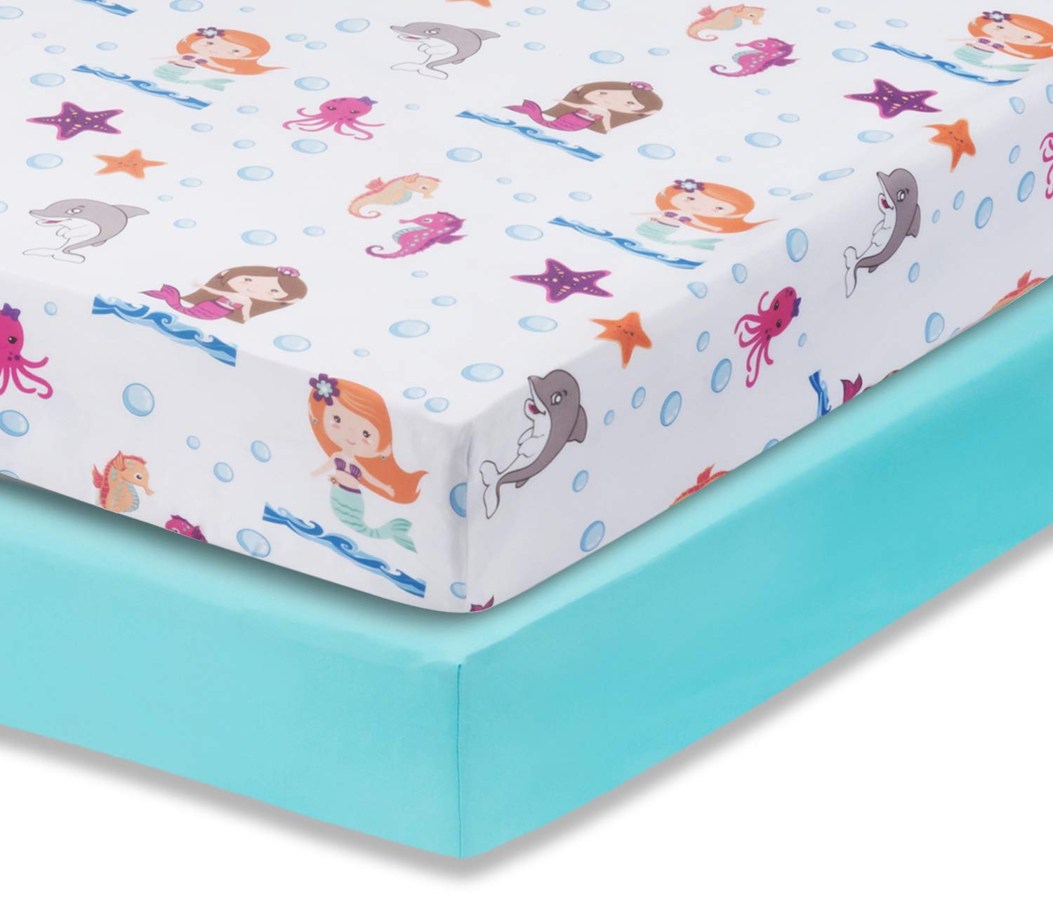 Everyday Kids Mermaid Aqua fitted sheet front view shows vibrant color for cozy nurseries.