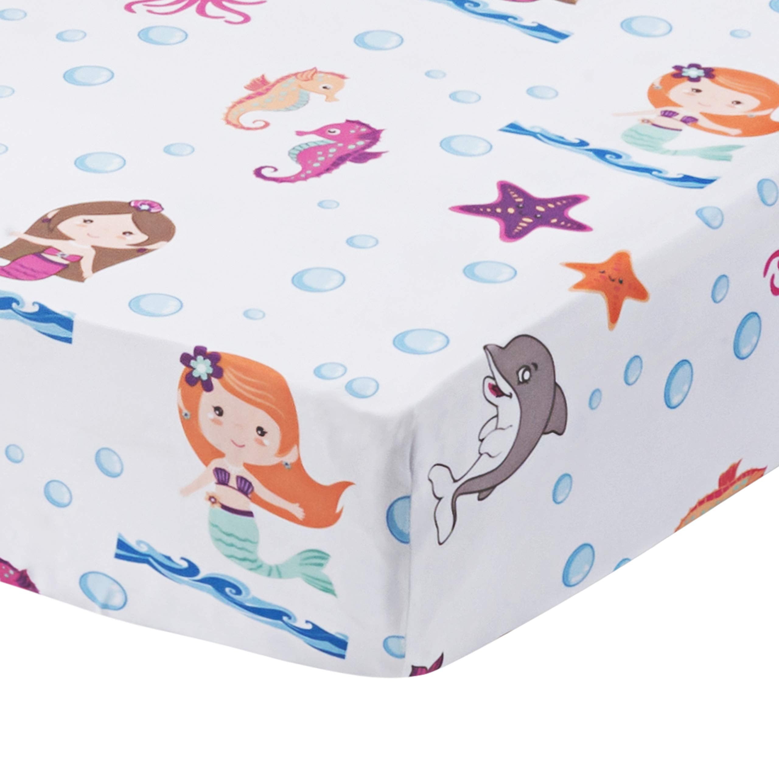 Everyday Kids Mermaid Aqua nursery scene with sheets coordinating sleep space.