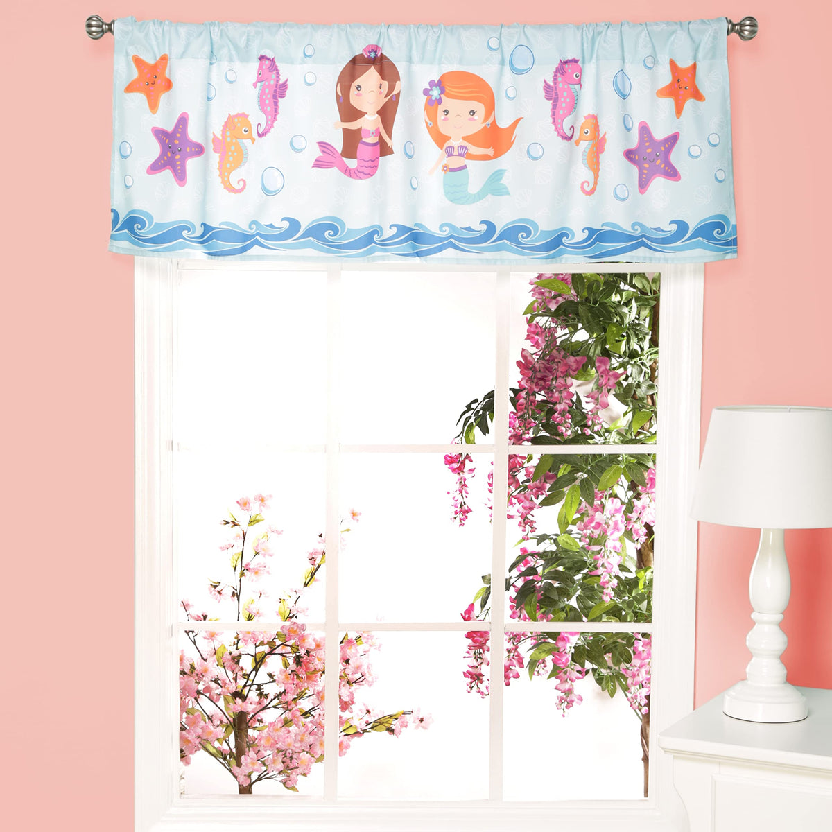 EVERYDAY KIDS Mermaid valance in turquoise brightens toddler rooms and filters daylight for a soft coastal vibe.