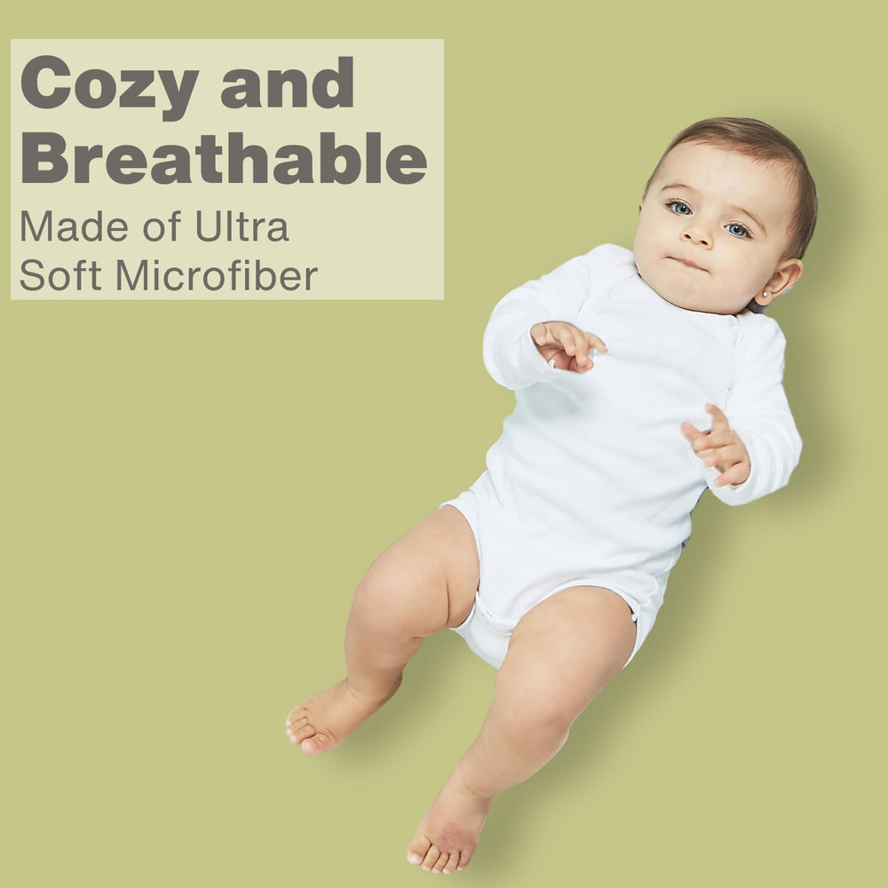 Everyday Kids microfiber baby sheet closeup emphasizes quick-drying, easy-care fabric.