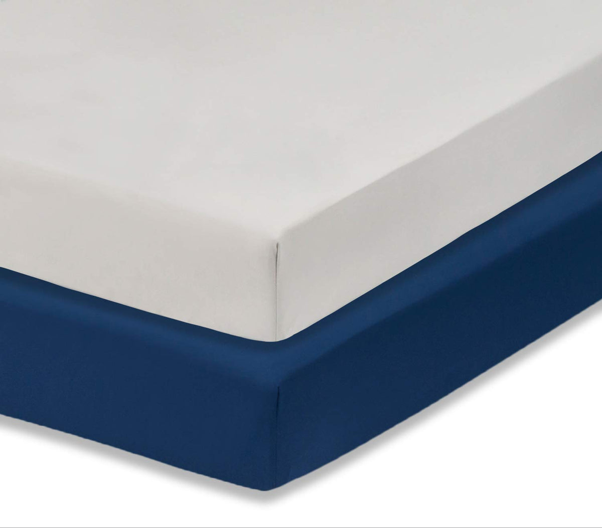 Everyday Kids navy crib sheet folded, showing soft fabric and snug crib fit.