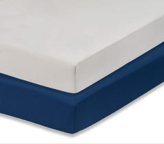 Everyday Kids navy crib sheet folded, showing soft fabric and snug crib fit.