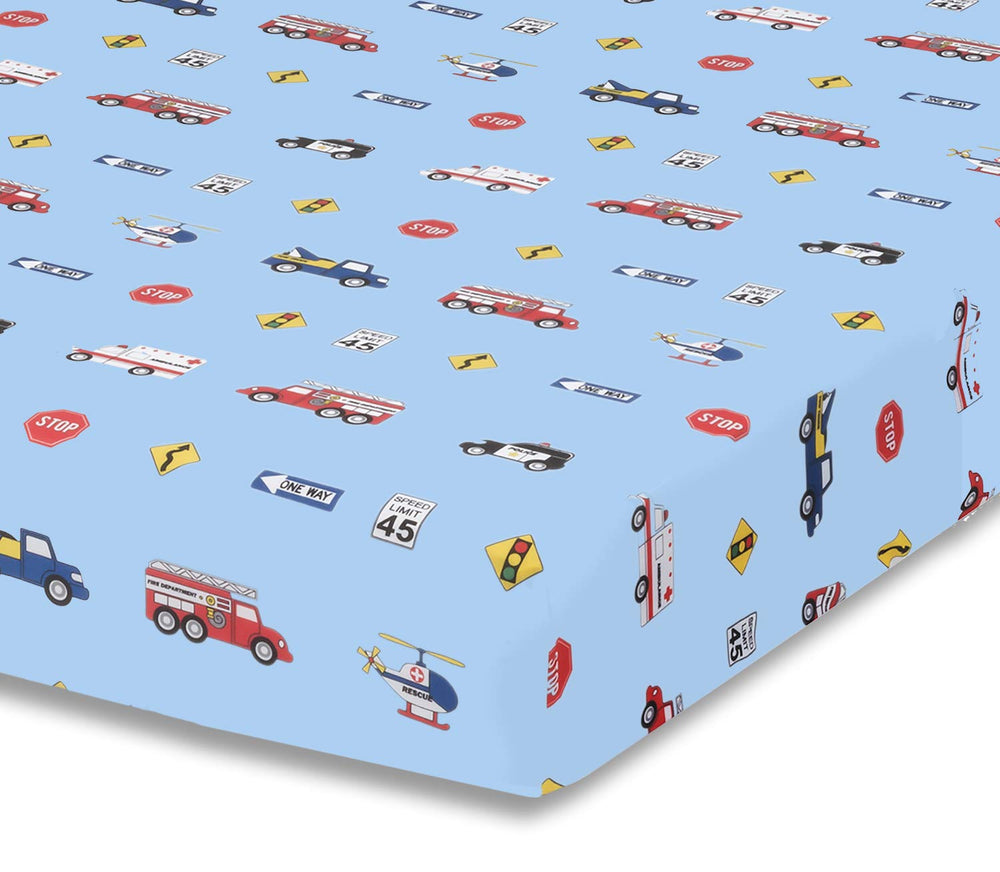 EVERYDAY KIDS police-fire-rescue crib sheet close-up shows soft microfiber for gentle baby sleep