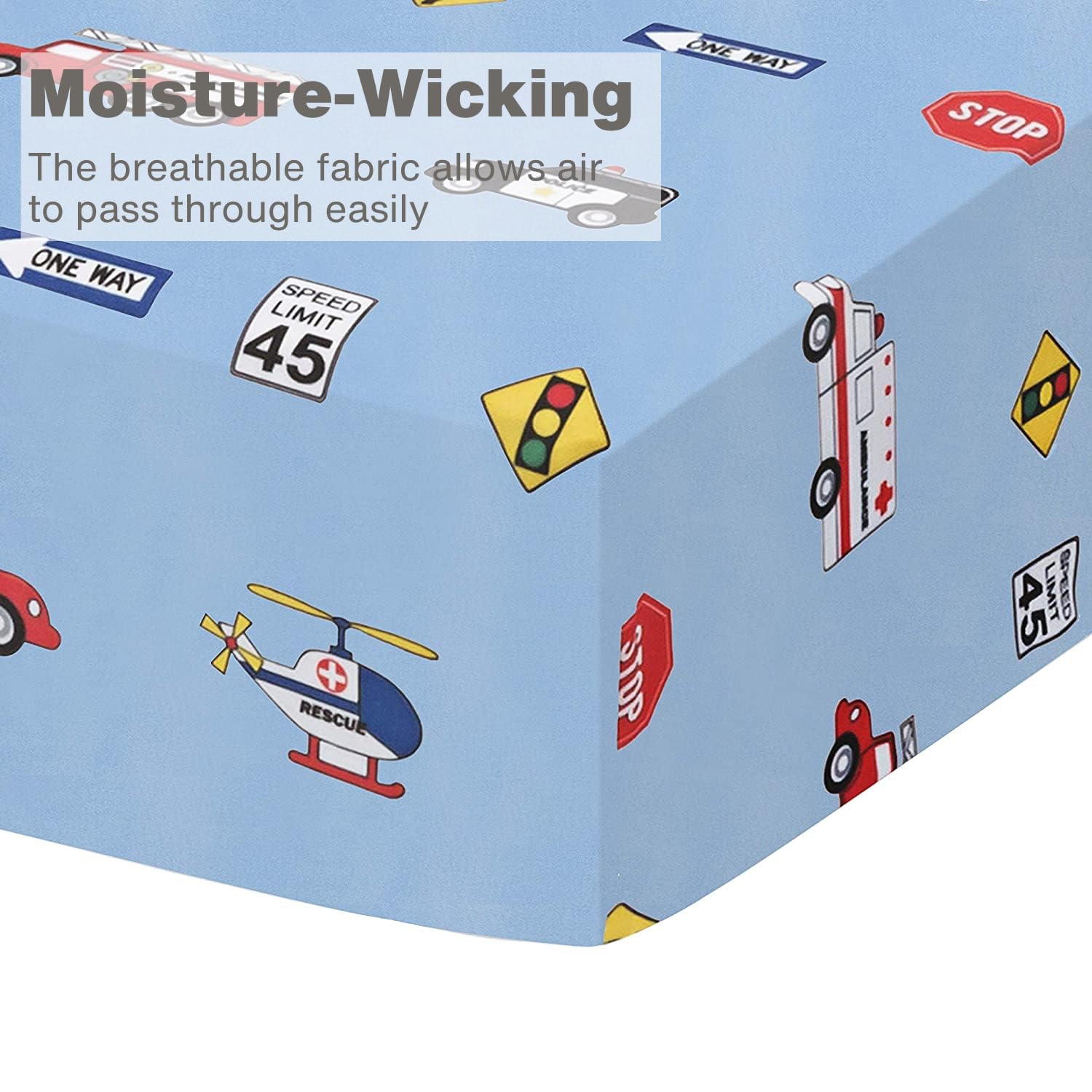 EVERYDAY KIDS police-fire-rescue crib sheet elastic edge close-up demonstrates secure fit for crib safety