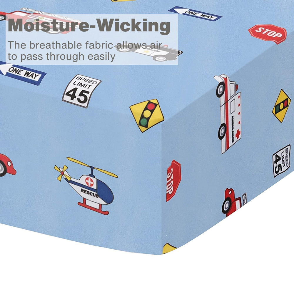 EVERYDAY KIDS police-fire-rescue crib sheet elastic edge close-up demonstrates secure fit for crib safety