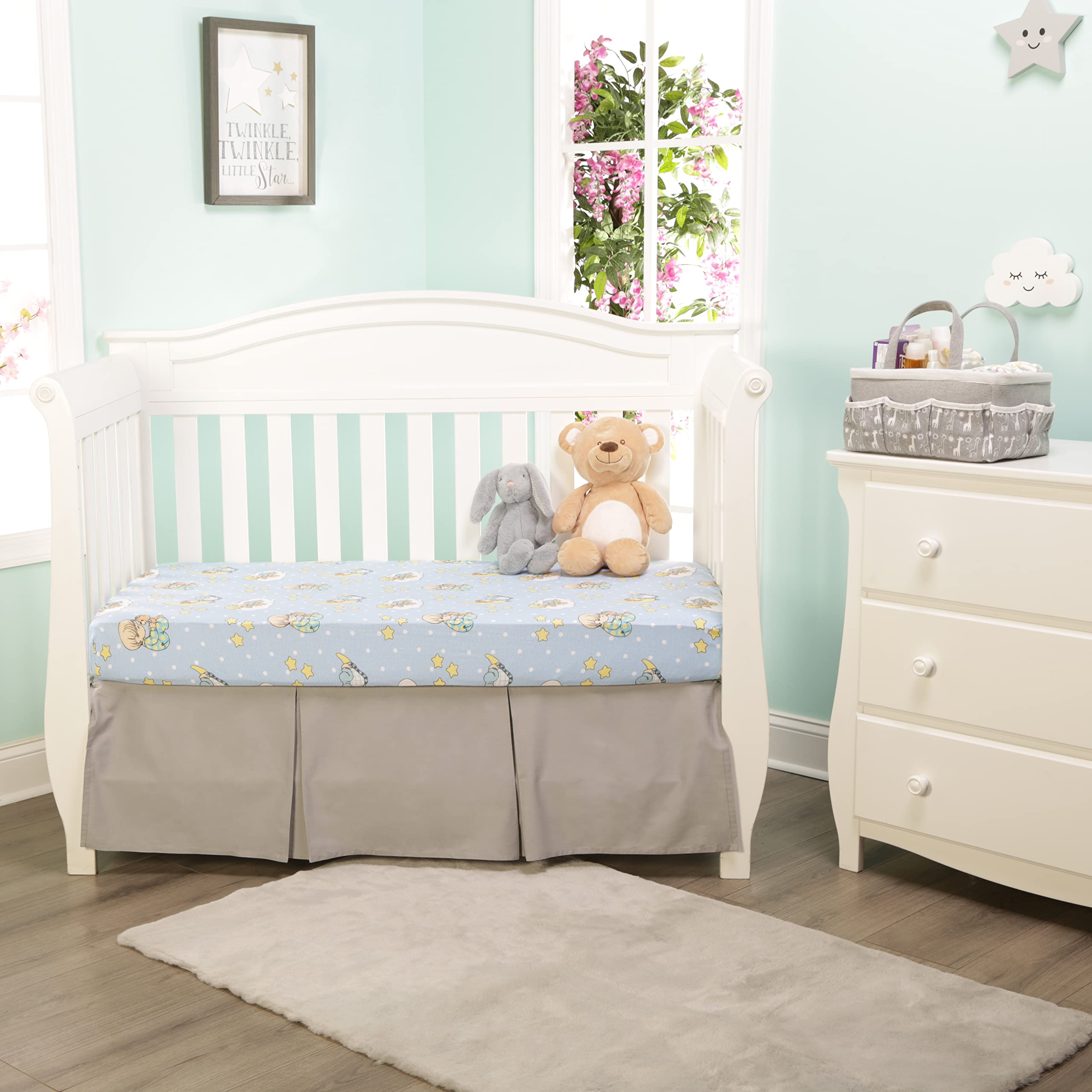 Everyday Kids Precious Moments boy-print sheet features a charming boy and teddy bear motif.