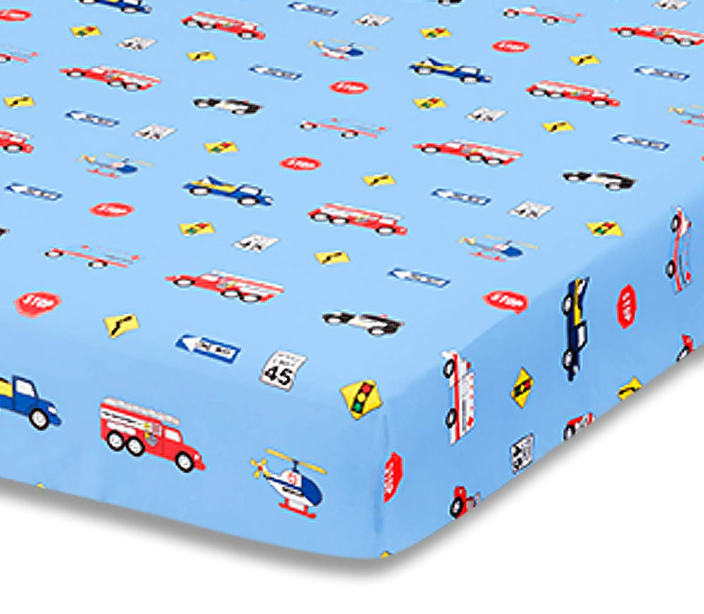 Everyday Kids Rescue/Blue crib sheet with 8in deep pockets for secure fit.