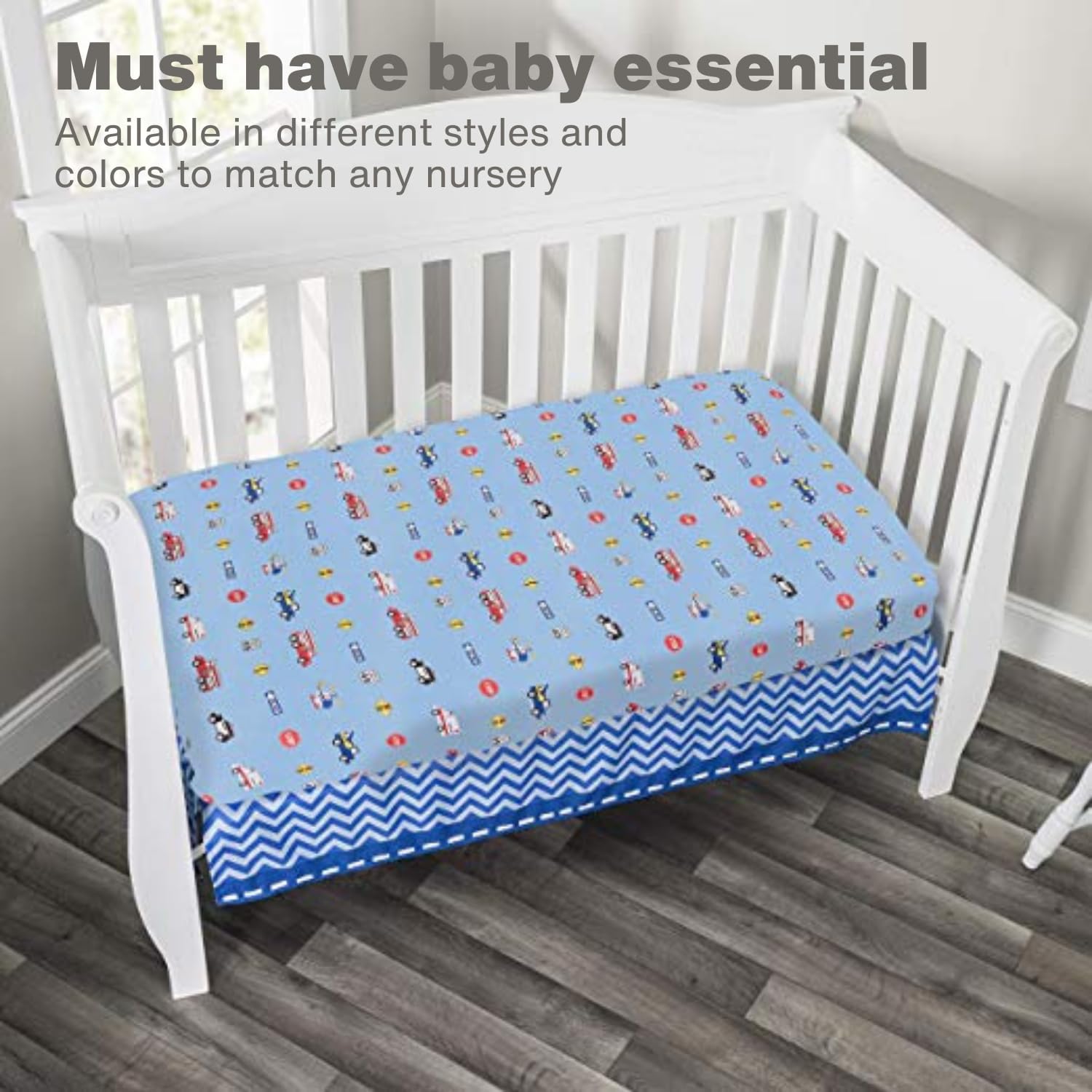 Everyday Kids Rescue/Blue crib sheet closeup shows soft breathable fabric.