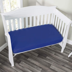 Everyday Kids Rescue/Blue crib sheet elastic trim ensures secure fit.