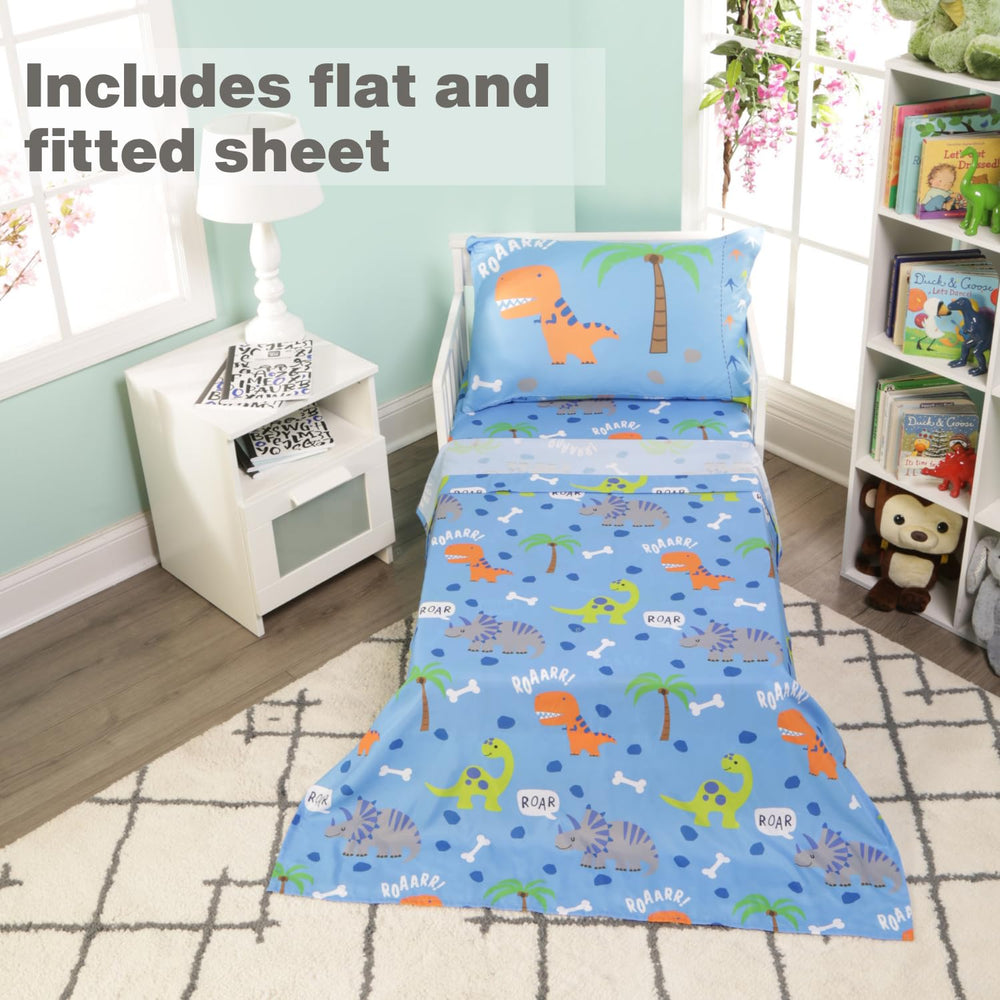 EVERYDAY KIDS roaring dinosaurs fitted sheet fits standard toddler beds for easy setup.