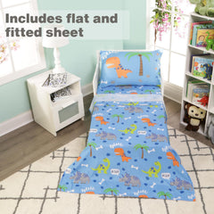 EVERYDAY KIDS roaring dinosaurs fitted sheet fits standard toddler beds for easy setup.