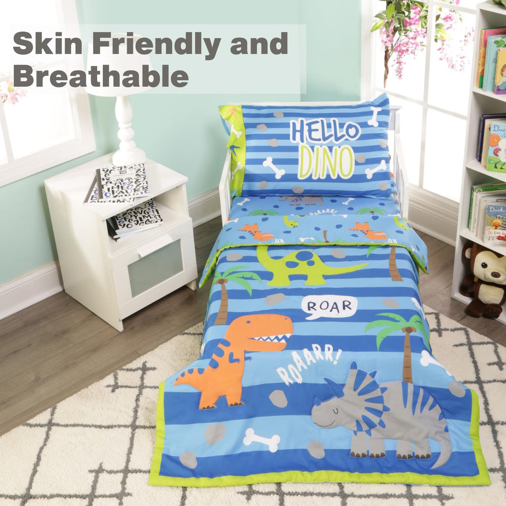 EVERYDAY KIDS roaring dinosaurs flat sheet adds bright colors for cheerful mornings.