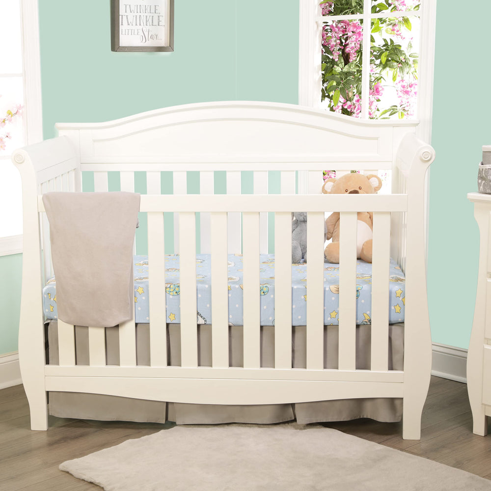Everyday Kids solid gray crib sheet provides a versatile, fade-resistant base for nursery outfits.