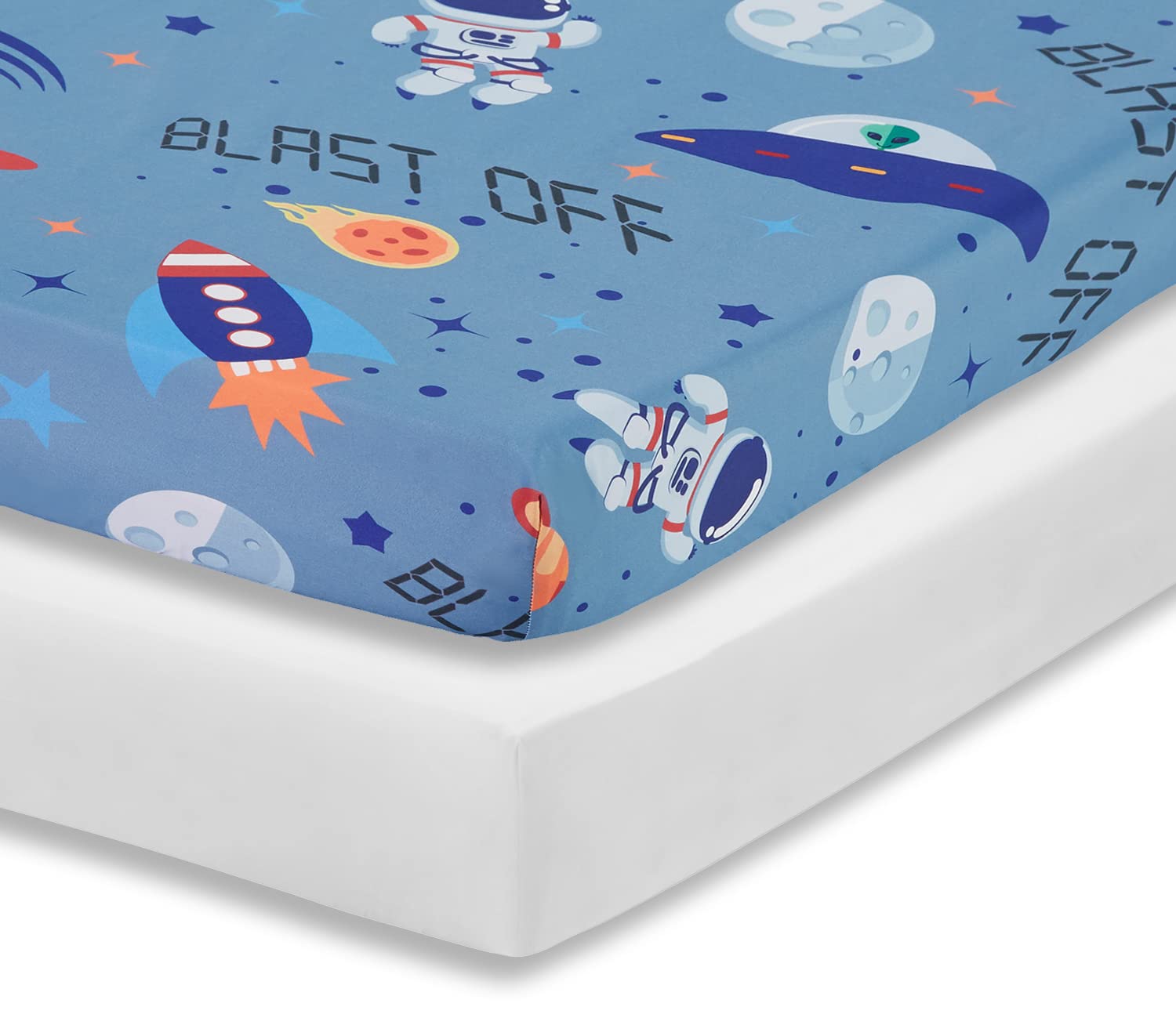 Everyday Kids space white crib sheet close-up highlighting soft, breathable fabric for comfortable naps.