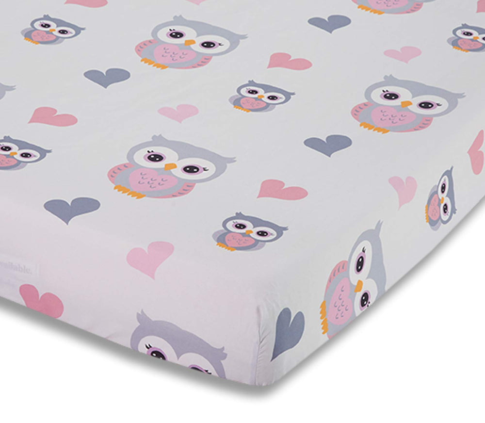 EVERYDAY KIDS Sweet Owls crib sheet closeup shows soft microfiber and vibrant color for cozy nurseries.