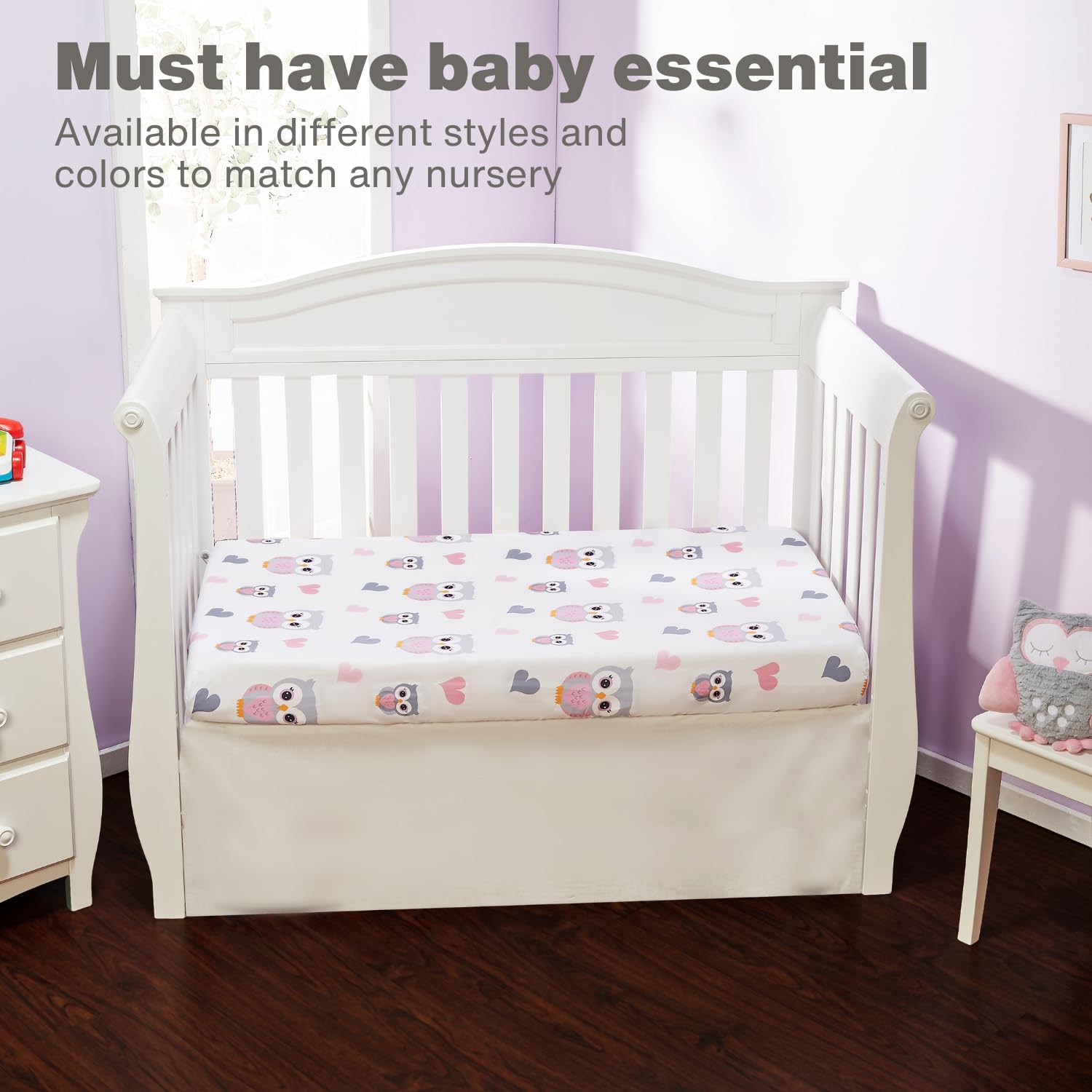 EVERYDAY KIDS Sweet Owls crib sheet on mattress demonstrates snug fit with elastic corners for secure sleep spaces.