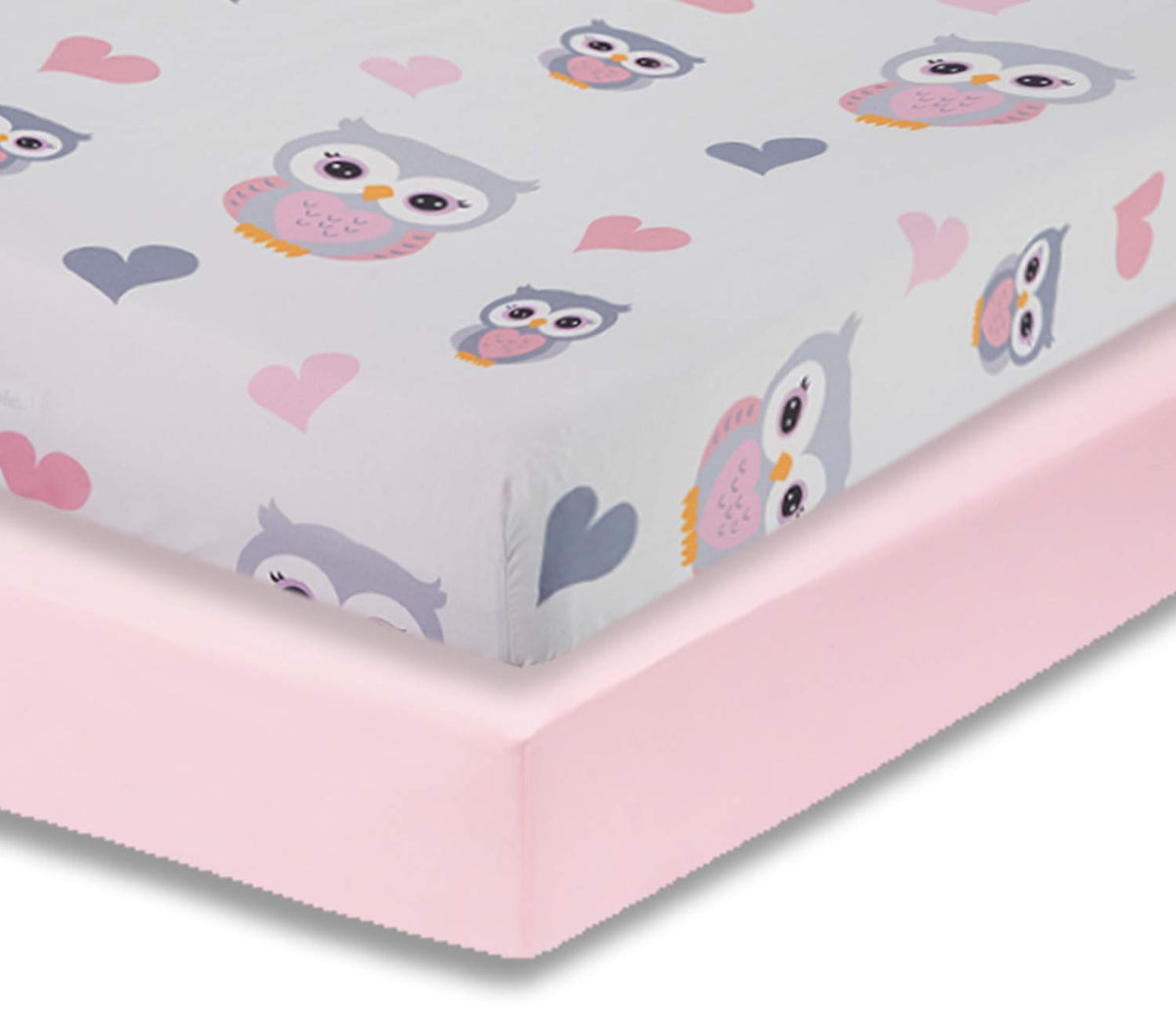 Everyday Kids Sweet Owls Pink crib sheet folded shows soft fabric ready for bedtime.