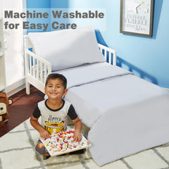 Everyday Kids solid grey flat sheet shows smooth microfiber for easy care.