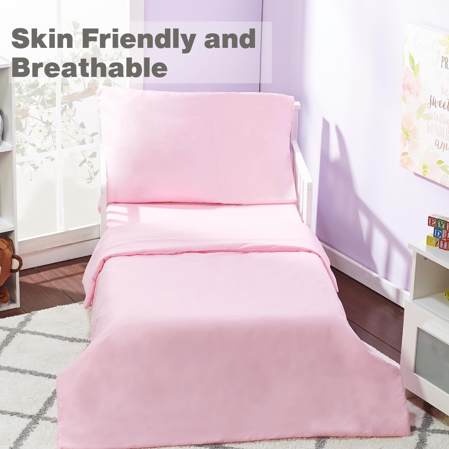 EVERYDAY KIDS solid pink fabric close-up reveals soft microfiber texture for calm sleep ambiance